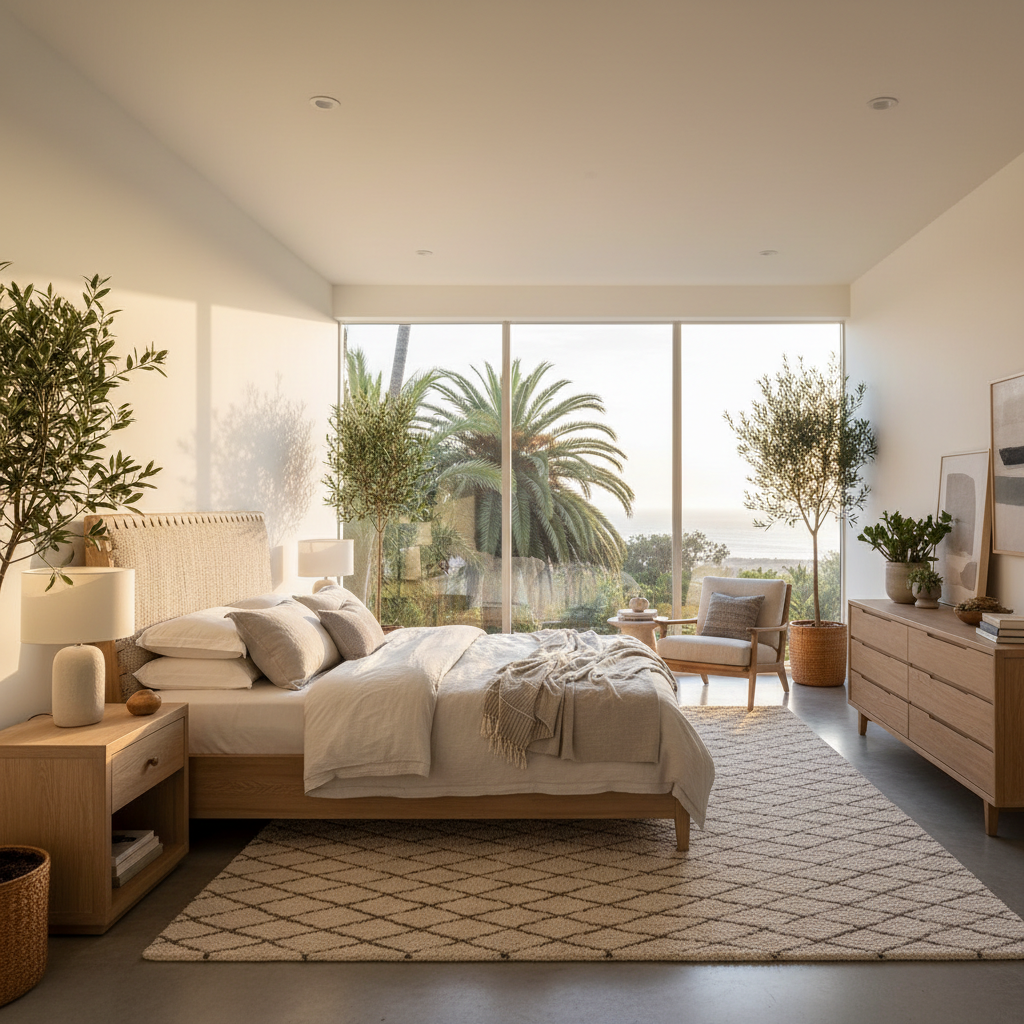 A beautifully designed California modern bedroom featuring large windows, light wood furniture, and neutral tones.