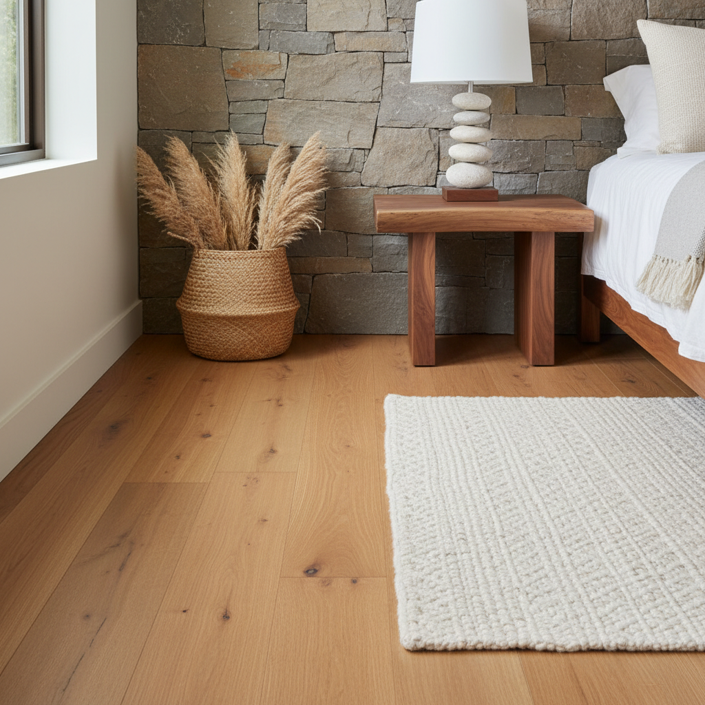Close-up of organic materials used in a California modern bedroom such as wood flooring and stone accents.