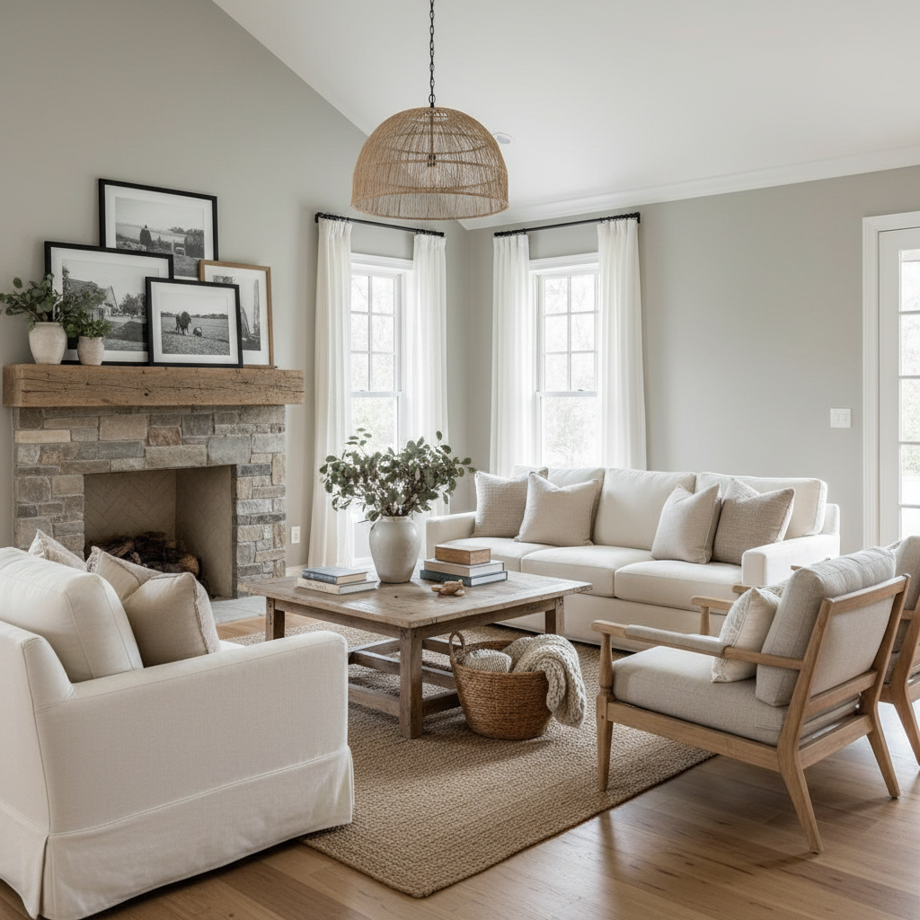 A warm and inviting farmhouse living room with wooden furniture, neutral colors, and cozy decor.