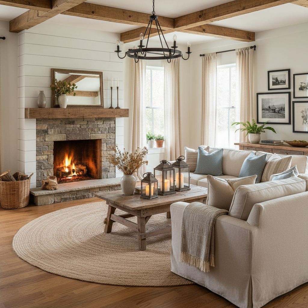 A vibrant farmhouse aesthetic incorporating natural textures and warm lighting.