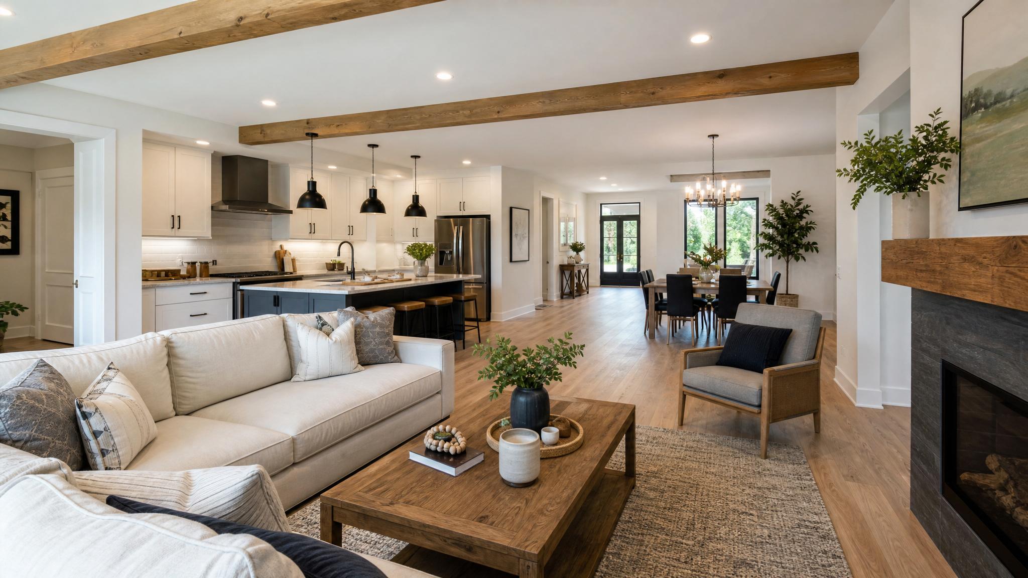 Stylish open-plan living room with modern furnishings and bright lighting