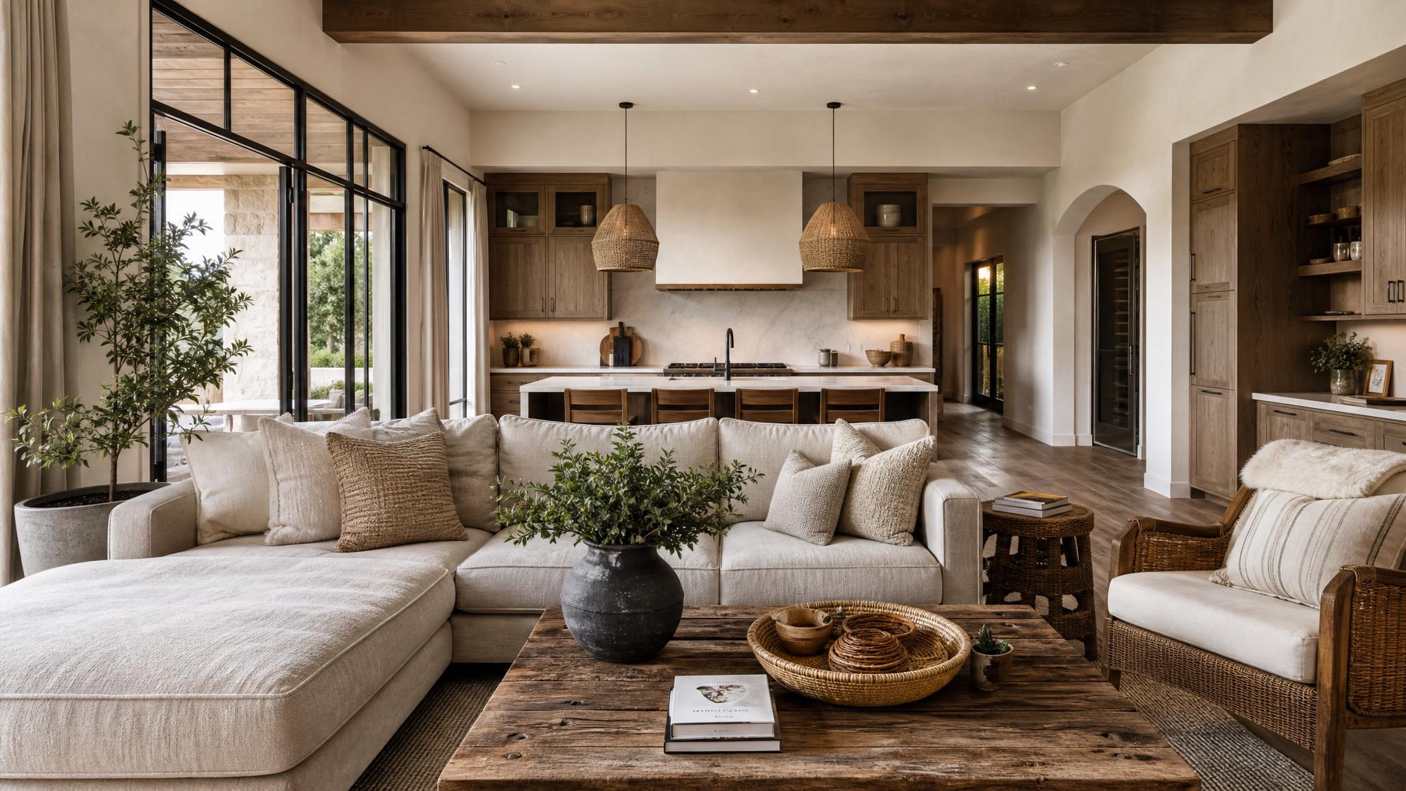 Open-plan living room with earthy tones and textured elements