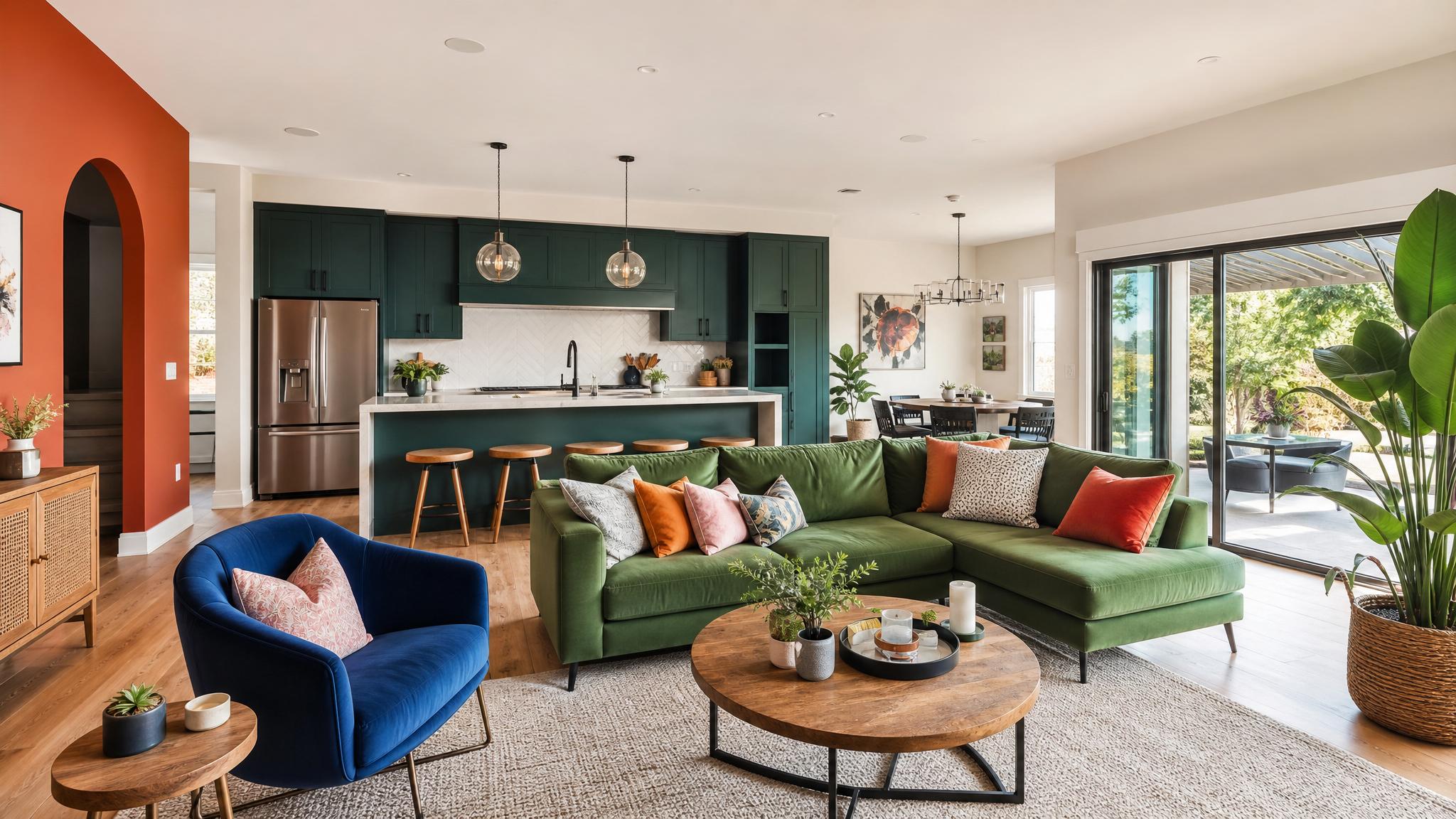 Showcase bold and vibrant color palettes within an open-plan living room setting.
