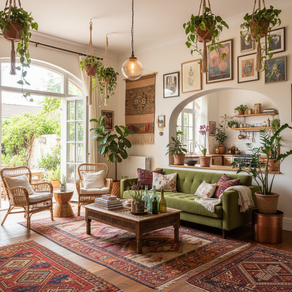 An inviting bohemian-style open-plan living room featuring vintage furniture and vibrant textiles.
