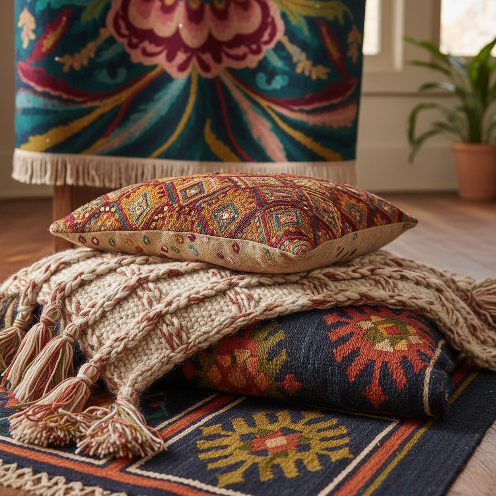 A close-up of bohemian textiles with intricate patterns and rich colors.