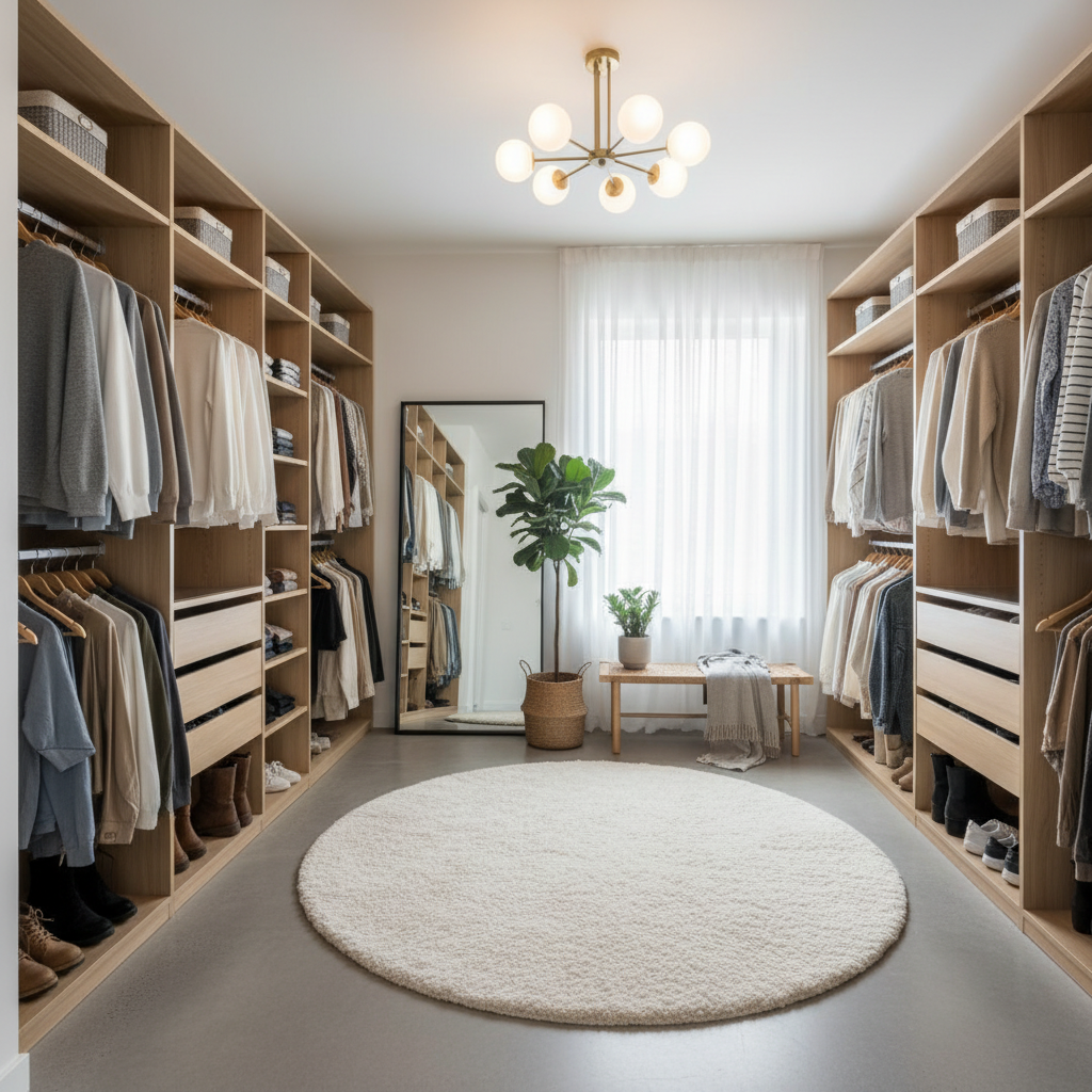 A beautifully designed Nordic walk-in closet featuring minimalist decor.