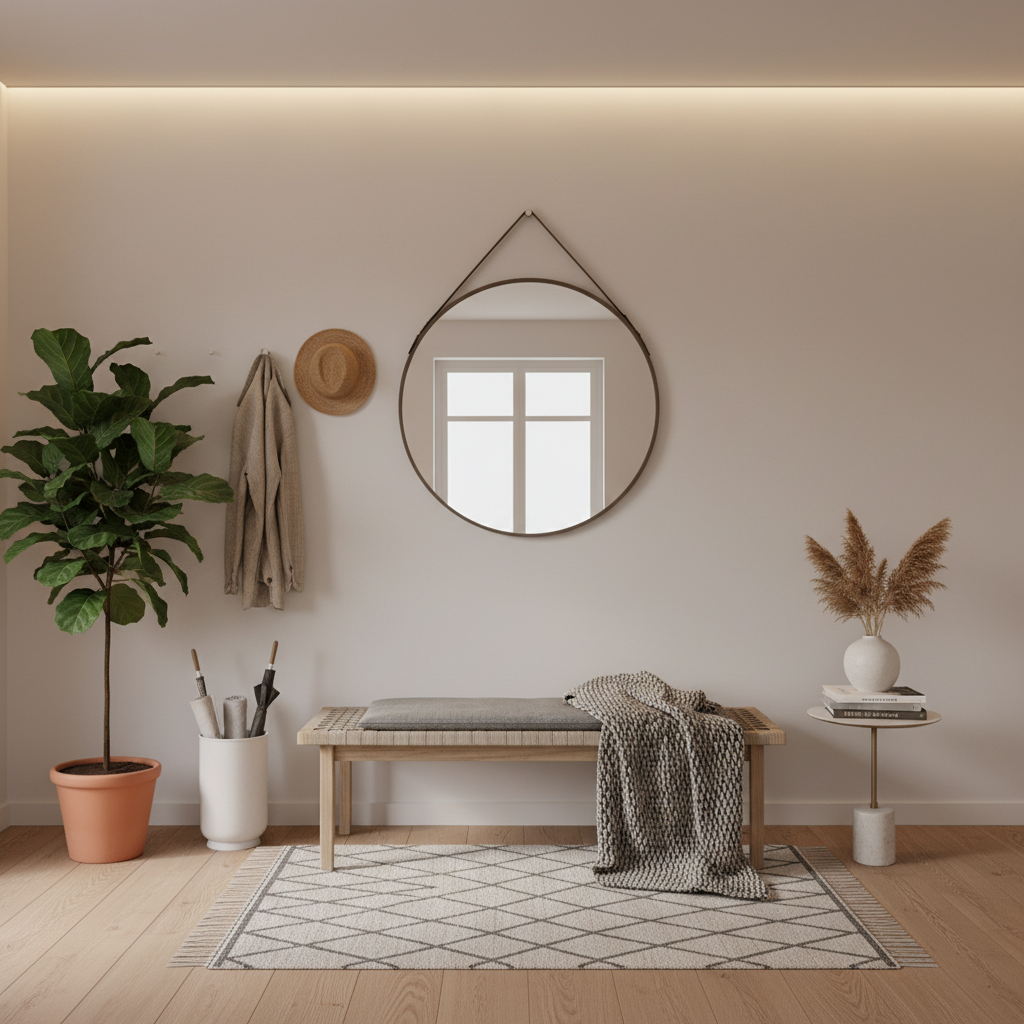 Beautiful Scandinavian entryway featuring a minimalist bench, natural light, and greenery.