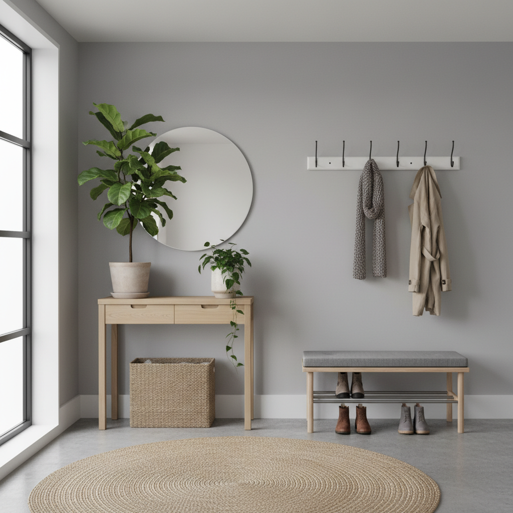 Example of a Scandinavian entryway with functional furniture and plants.