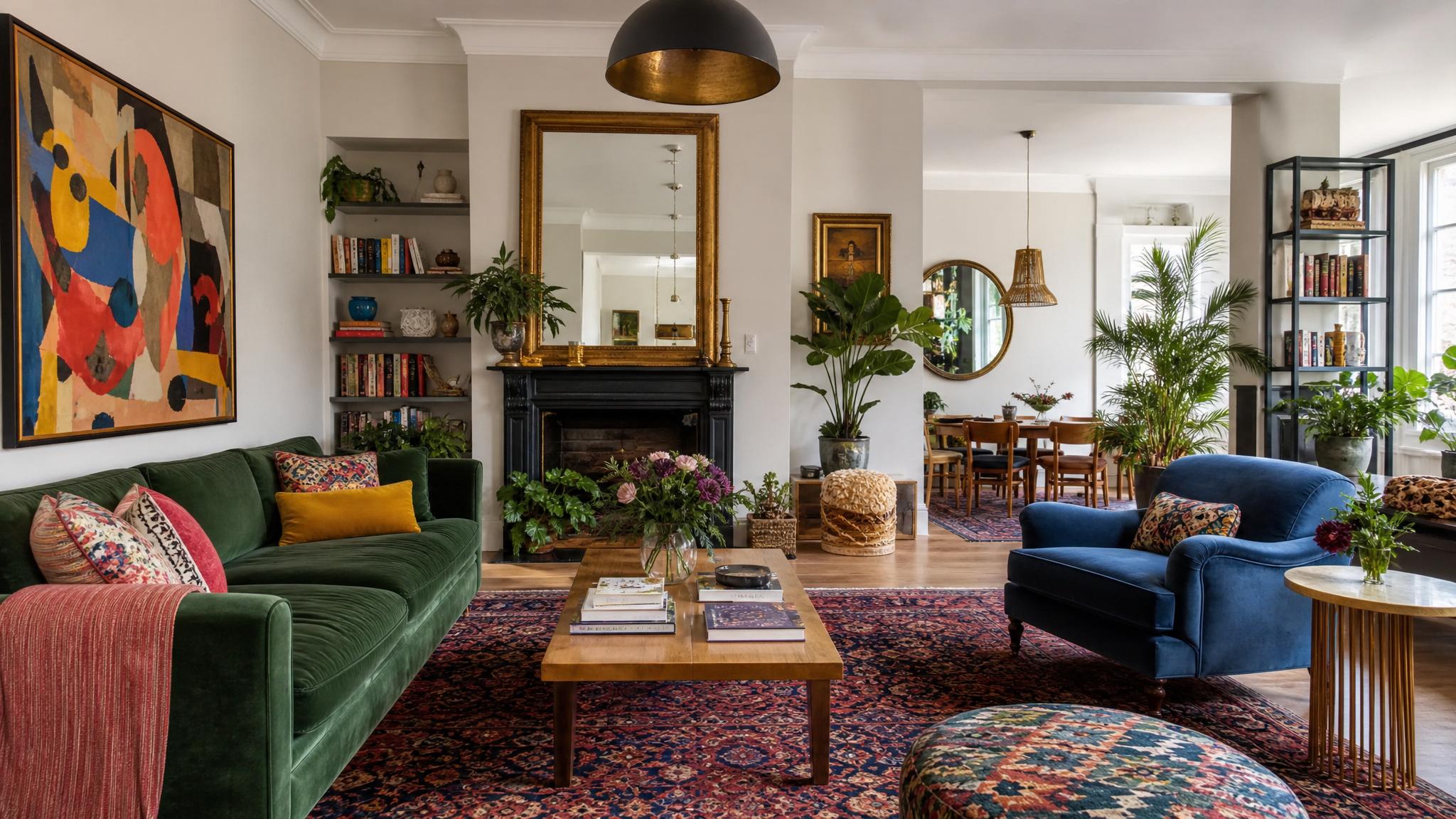 A beautifully designed open-plan living room showcasing maximalist decor with vibrant colors and eclectic furniture.