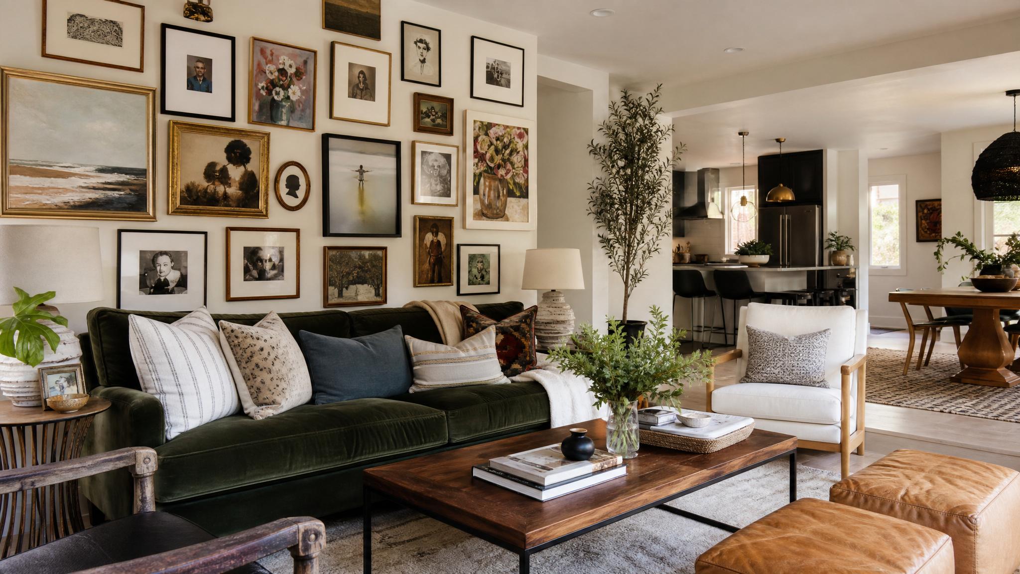 An eclectic gallery wall featuring a mix of artwork and personal memorabilia in a stylish open-plan living room.