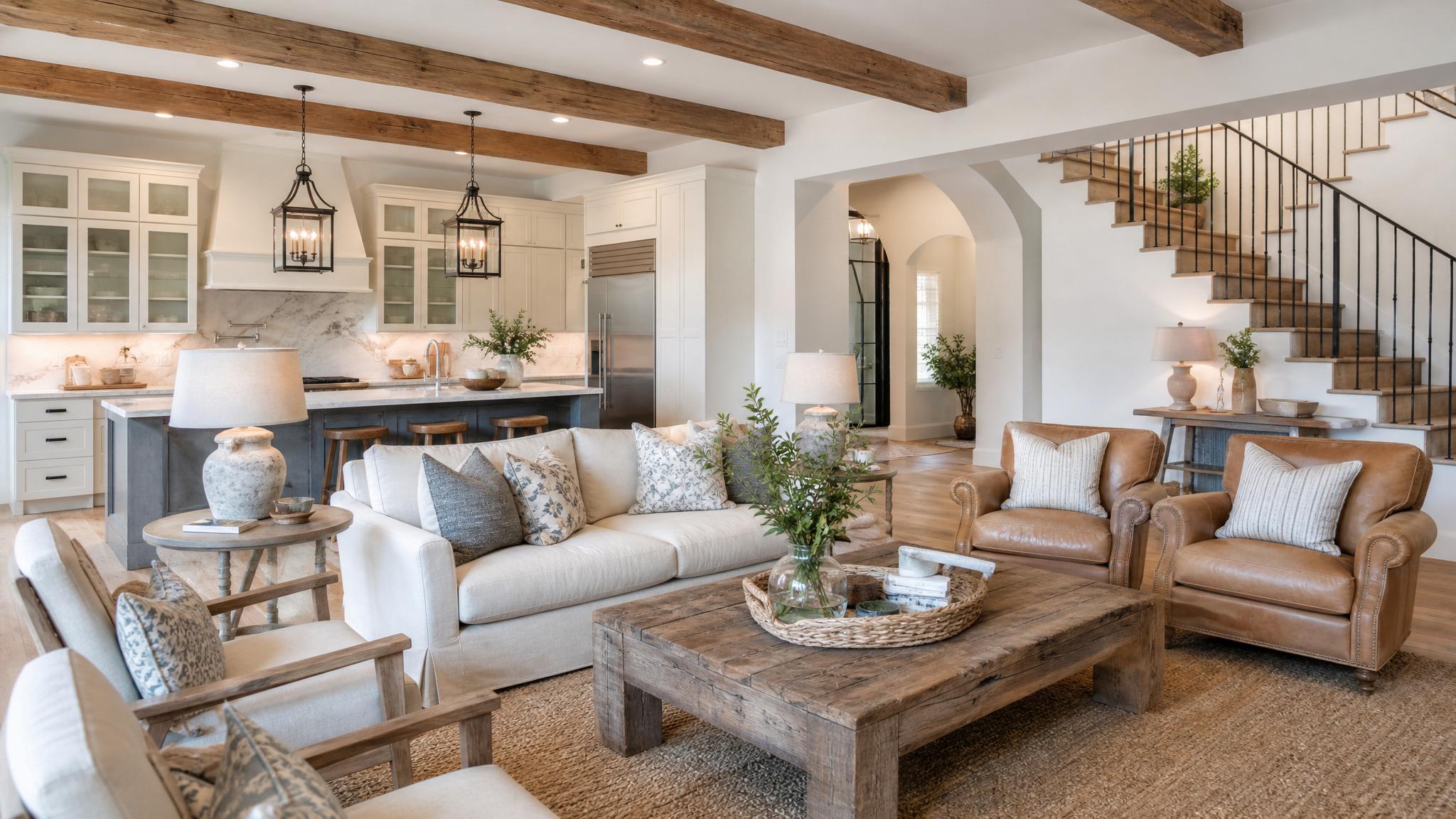 Image of a stylish farmhouse open-plan living room with comfortable furniture and rustic design elements.