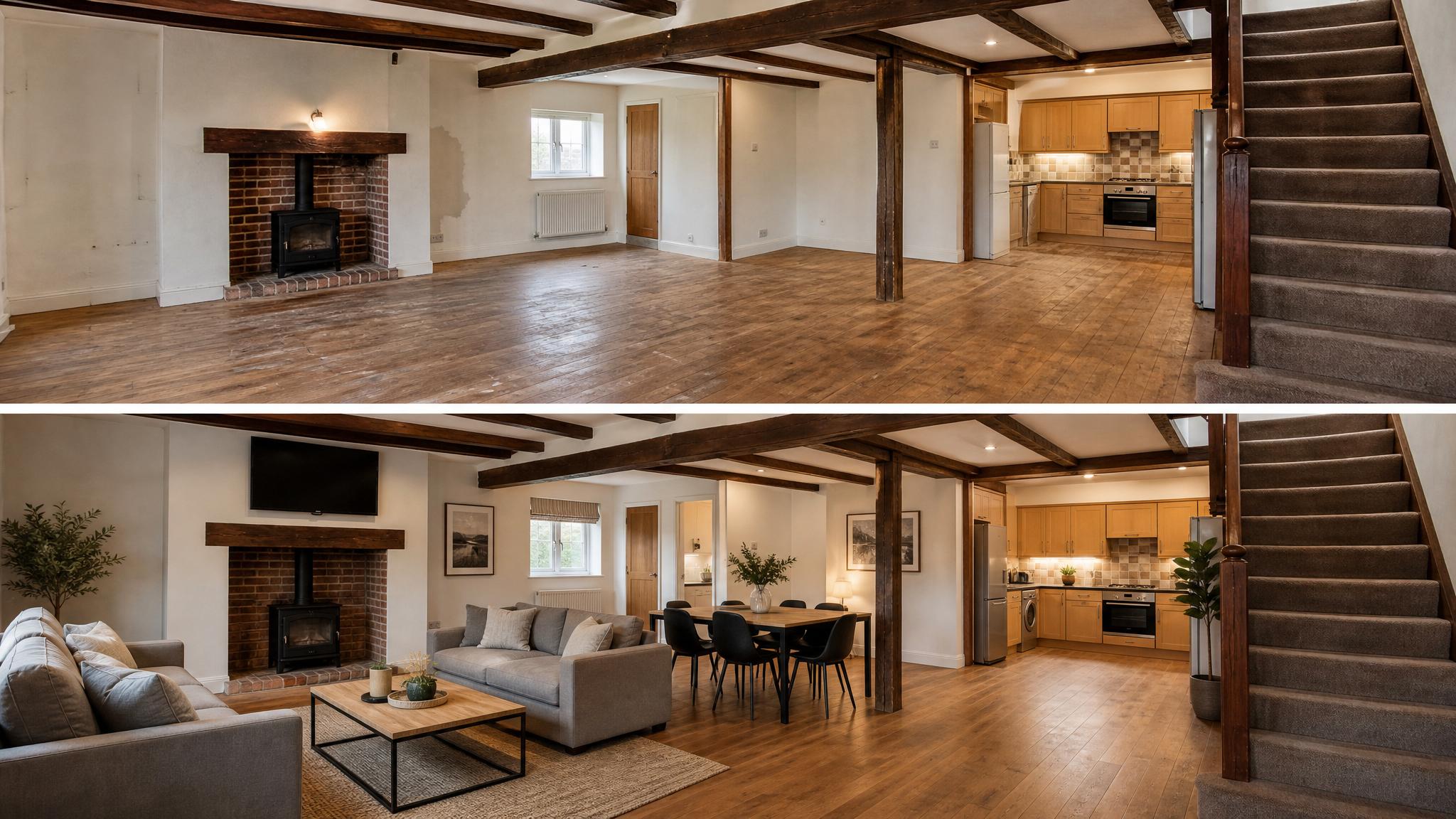 Before and after transformation images of a farmhouse open-plan living room for student housing.
