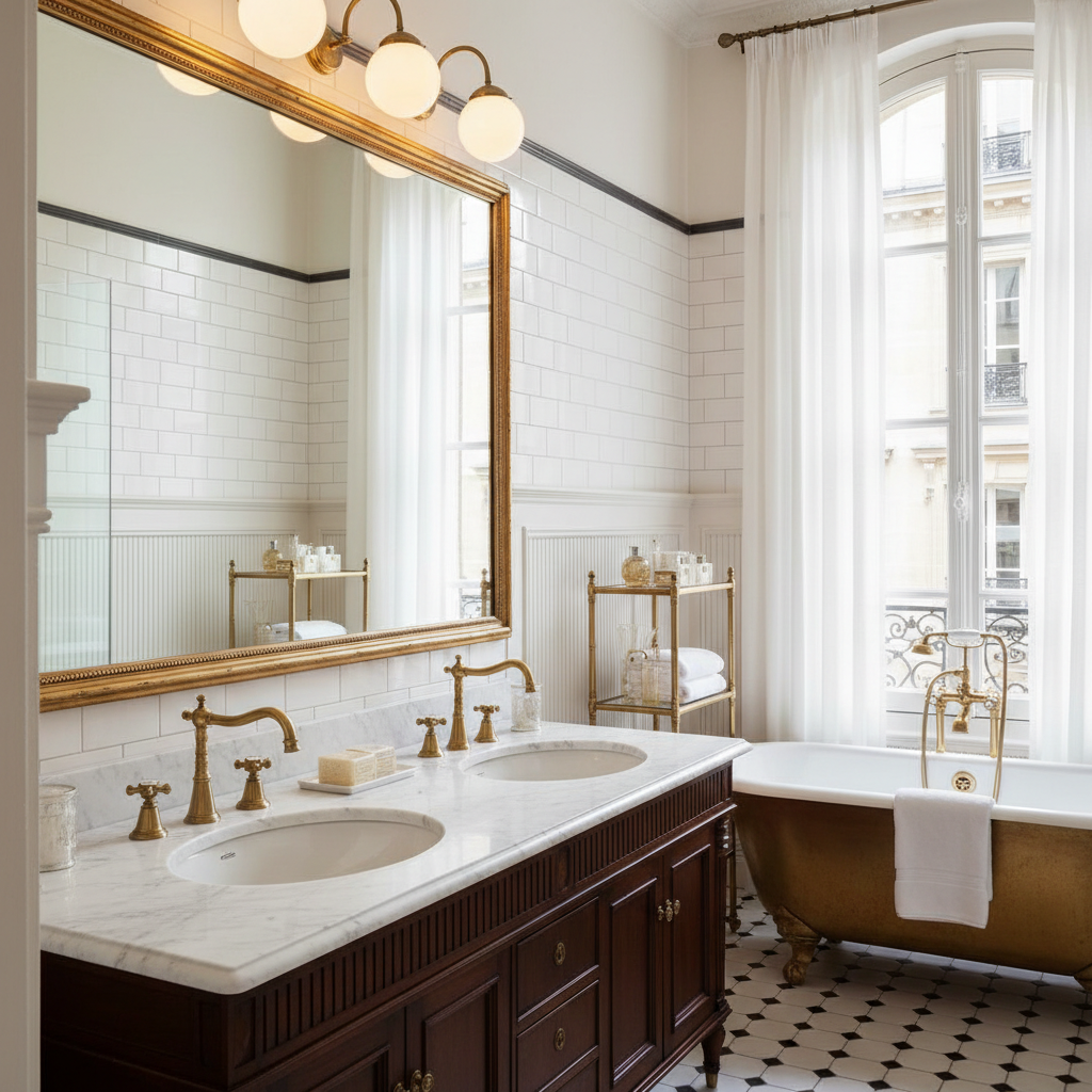 A luxurious Parisian style bathroom featuring marble countertops and vintage fixtures.