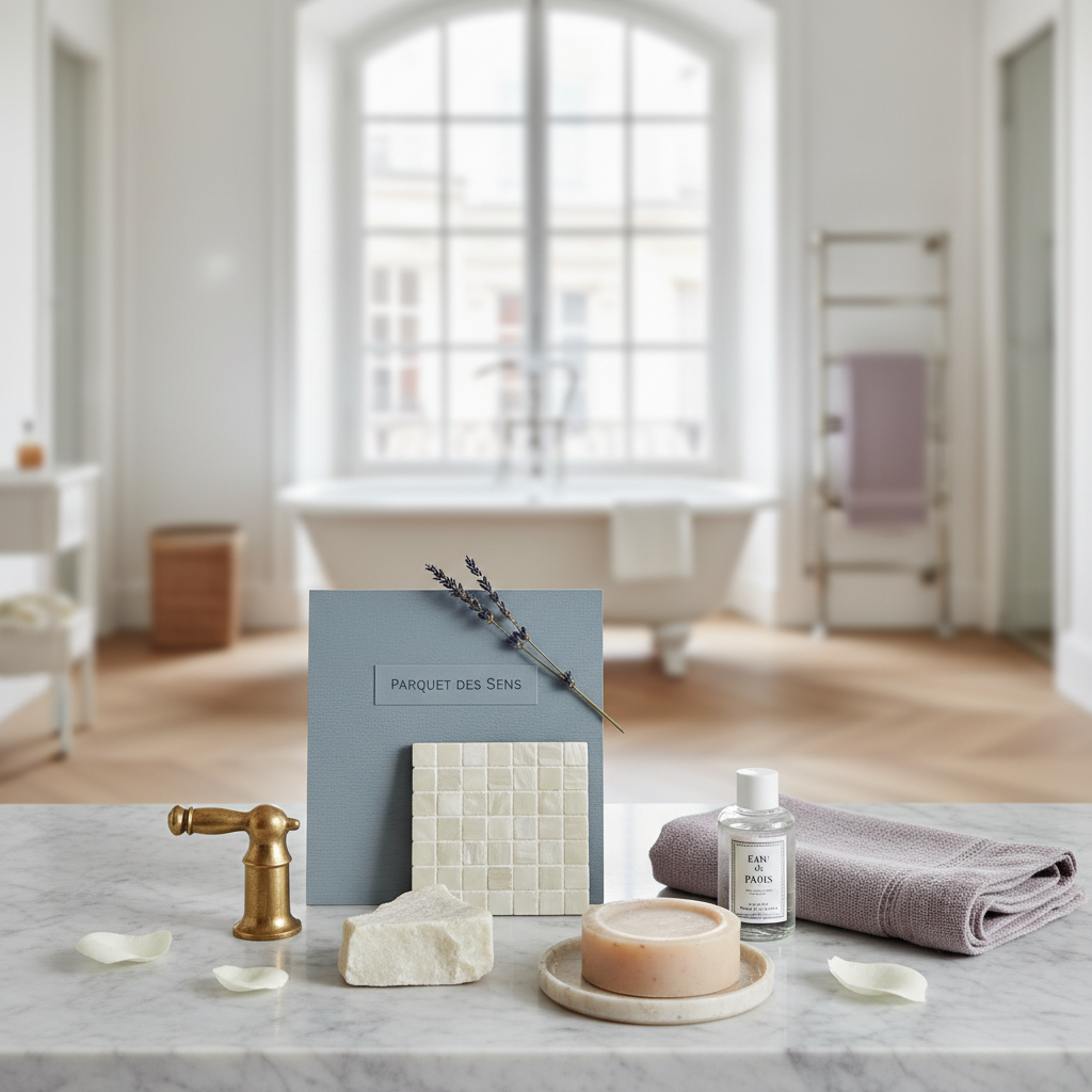 A color palette inspiration for a Parisian bathroom.
