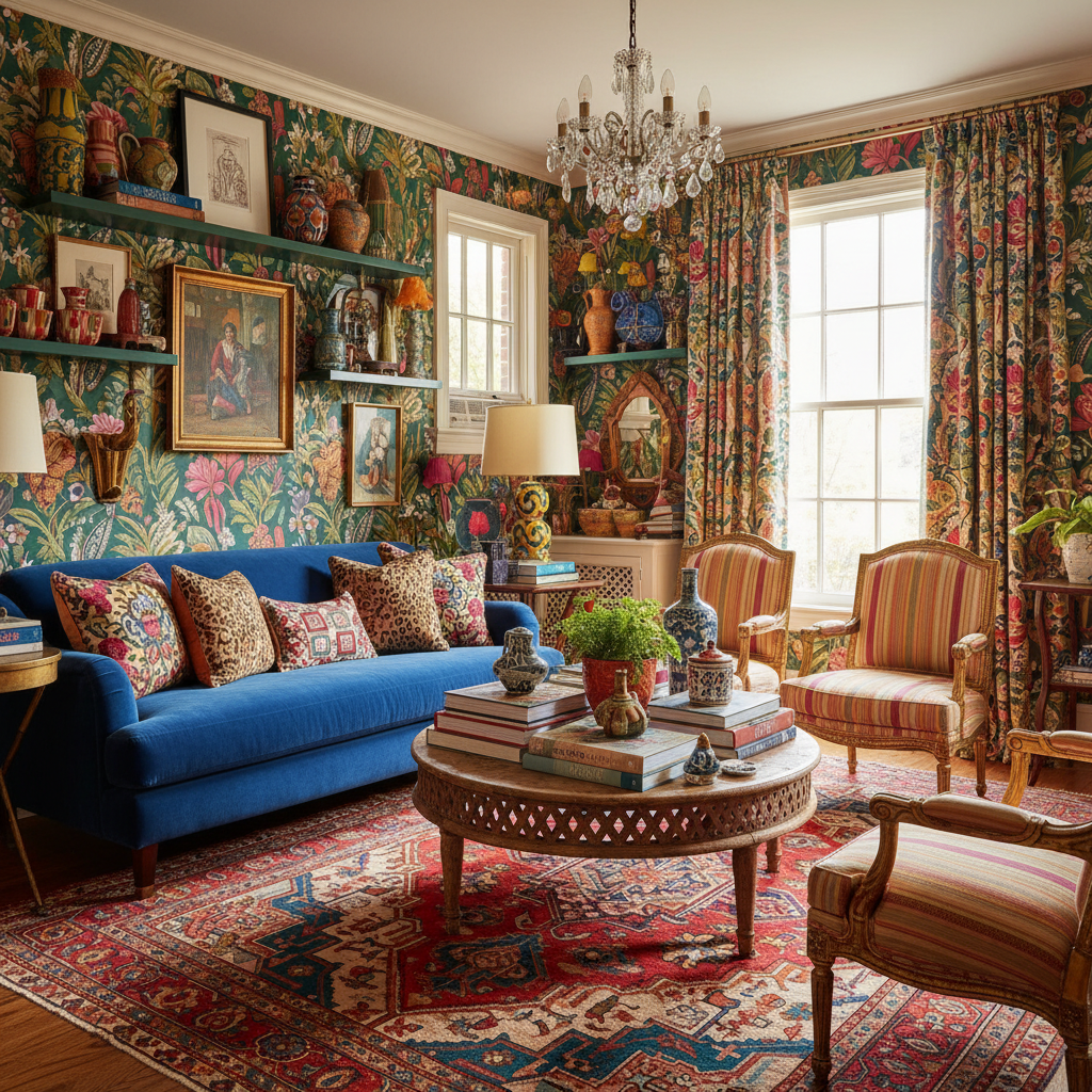 An inviting maximalist small living room filled with vibrant colors, intricate textures, and bold patterns.