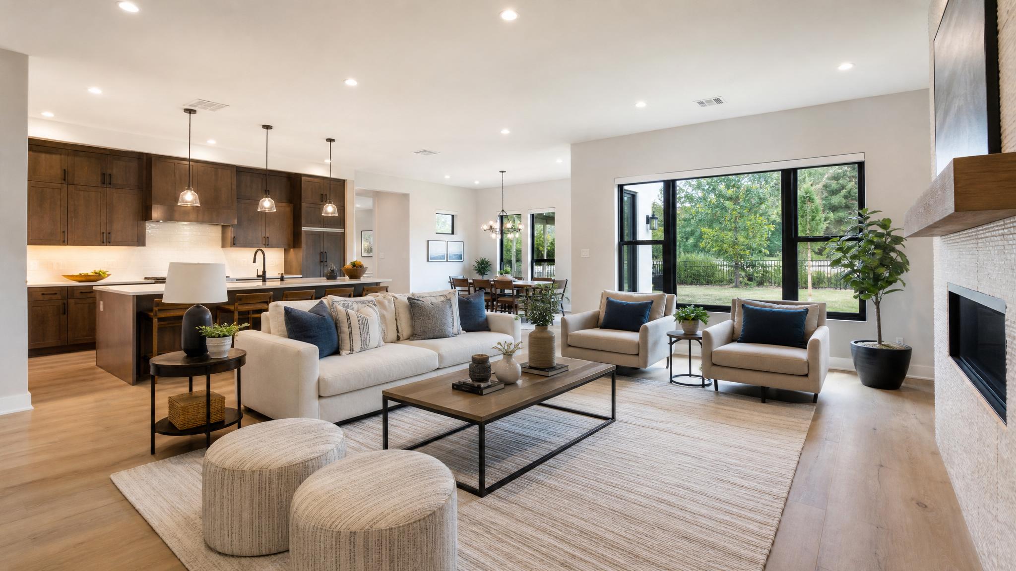 Image of a beautifully designed open-plan living room with modern furniture and decor.