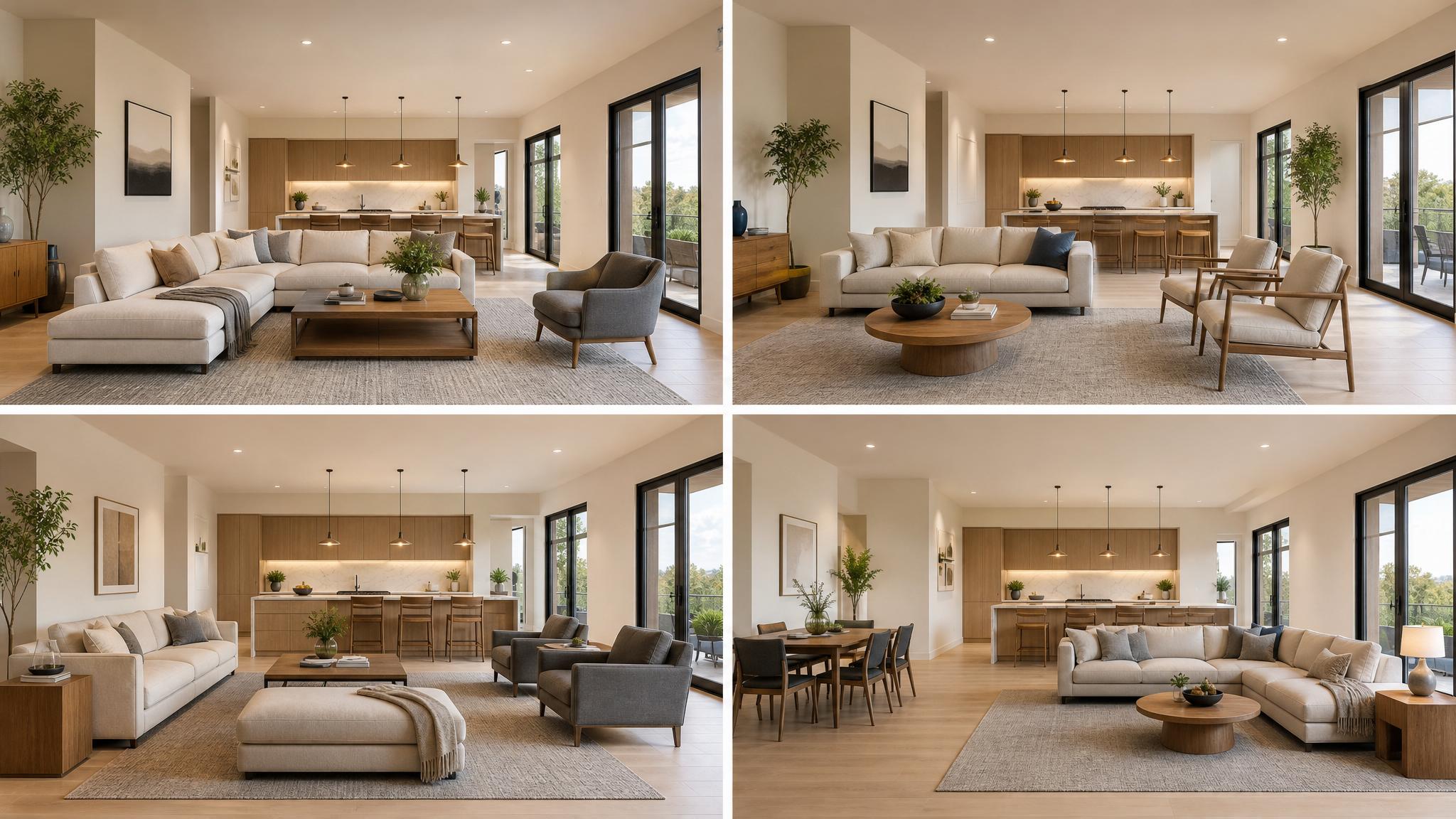 Image showcasing different furniture layouts in an open living space.