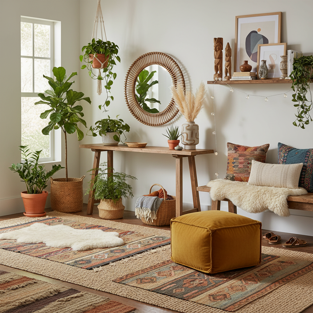 Bohemian entryway with plants, rugs, and eclectic decor