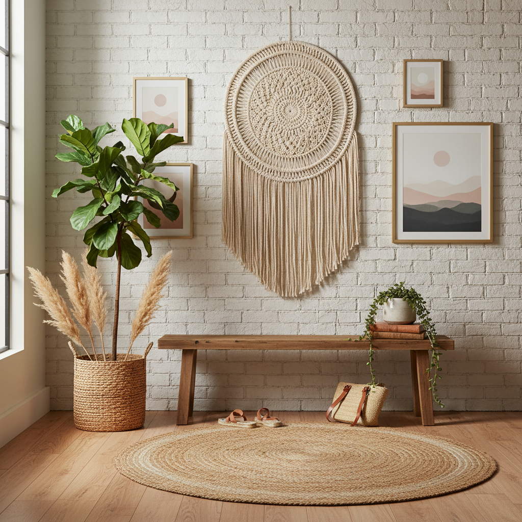 Well-designed bohemian entryway showcasing balance
