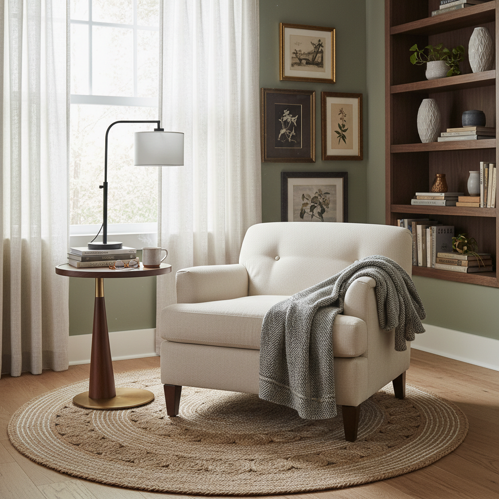 A cozy transitional reading nook with a mix of classic and modern furniture.
