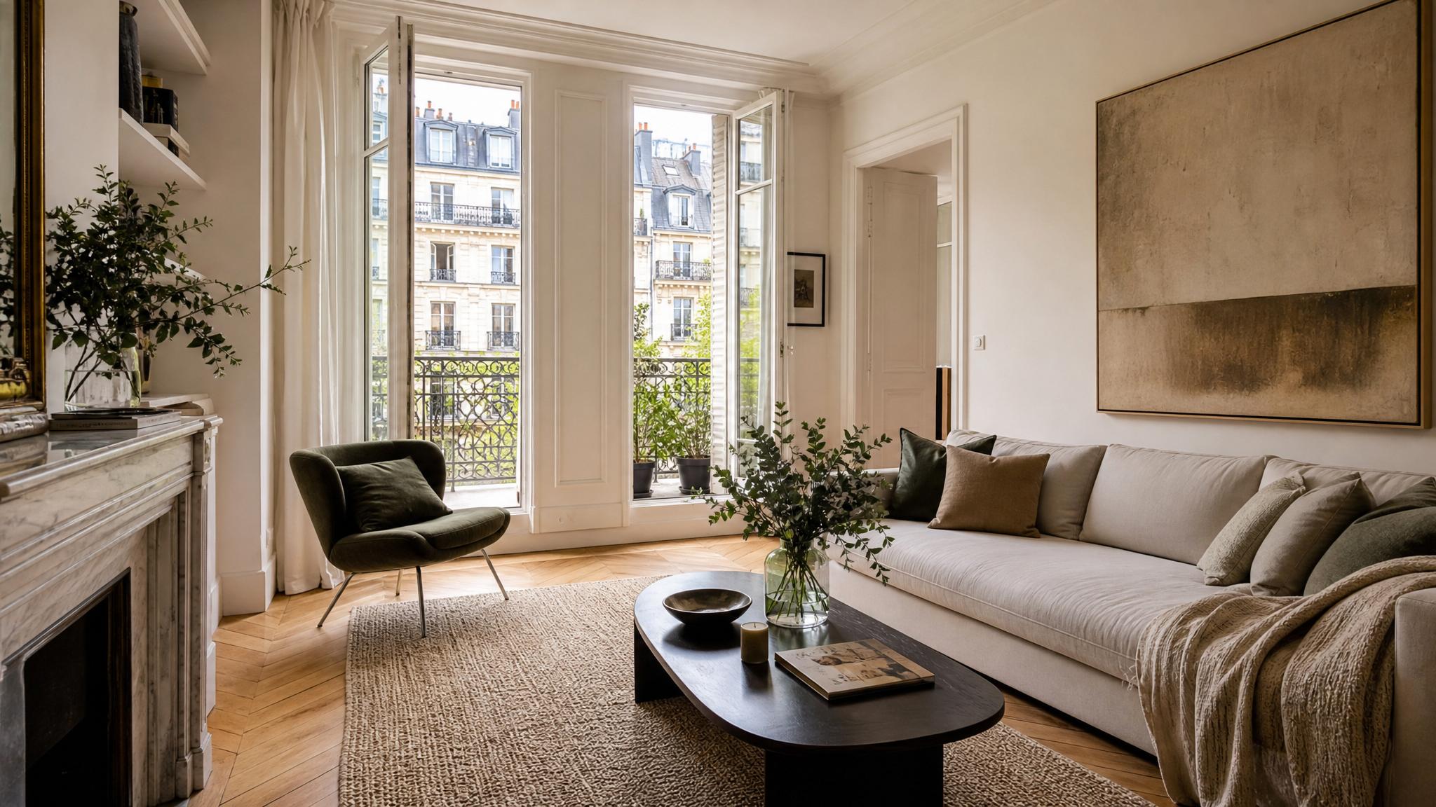 A stylish small Parisian living room showcasing elegant furniture and decor.