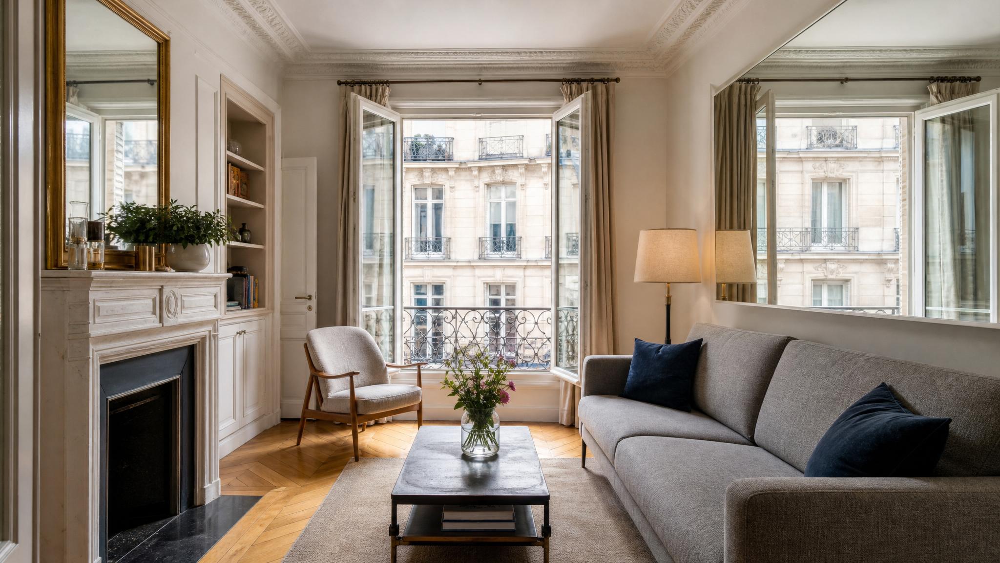 A mirror-enhanced small Parisian living room.