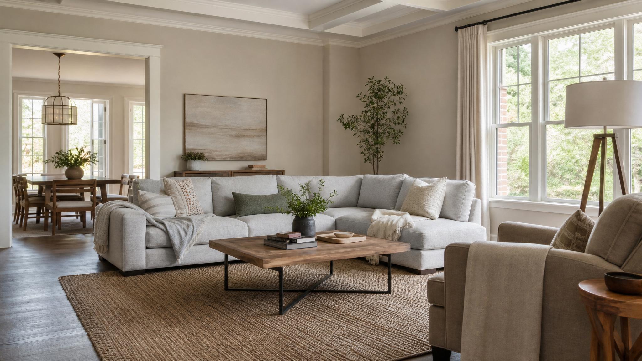 A cozy transitional living room with soft neutral tones and modern furniture.