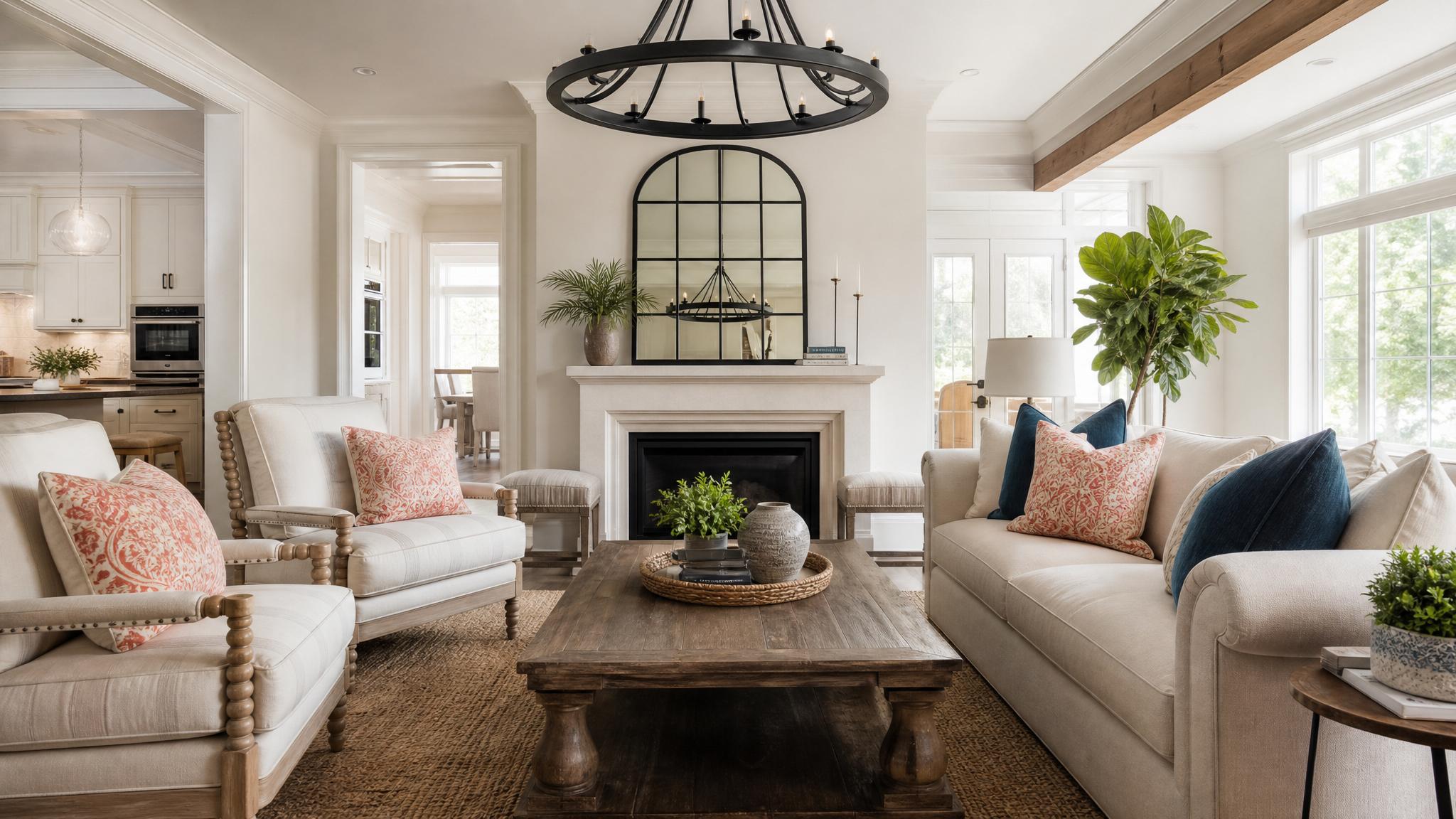 A transitional living room with a neutral color palette and colorful accent pillows.