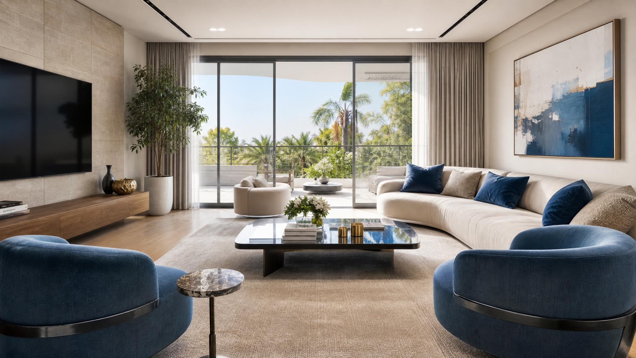 An inviting living room featuring neutral walls, vibrant blue accents, and modern Italian furniture.