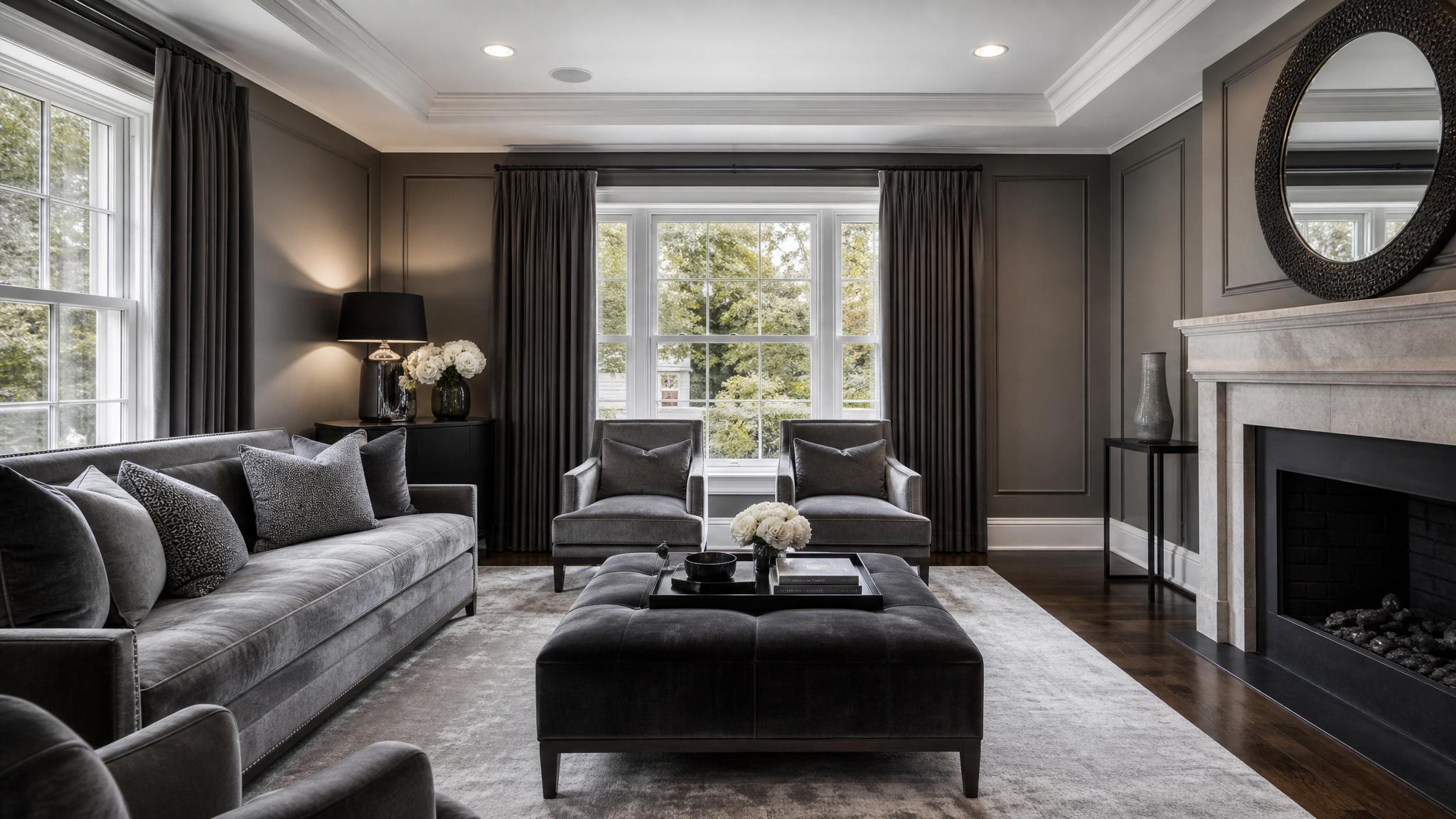 A stylish monochrome living room designed with various shades of gray and velvet textures.