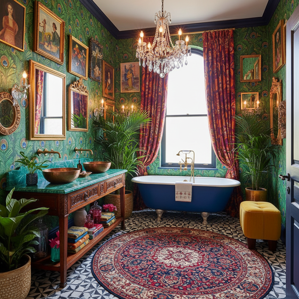 A visually striking maximalist bathroom with bold colors, eclectic patterns, and rich textures.