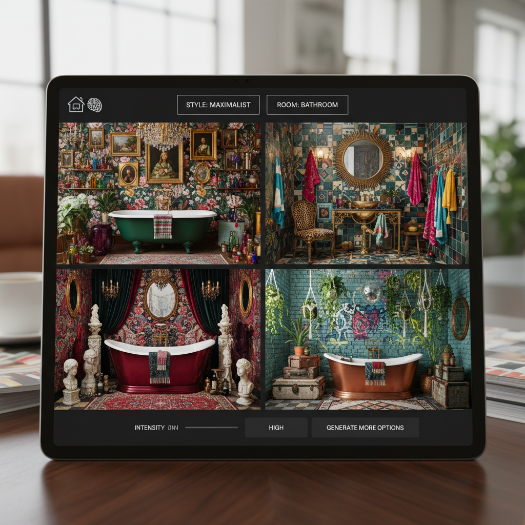 An interface of an AI interior design tool displaying a selection of maximalist bathroom options.