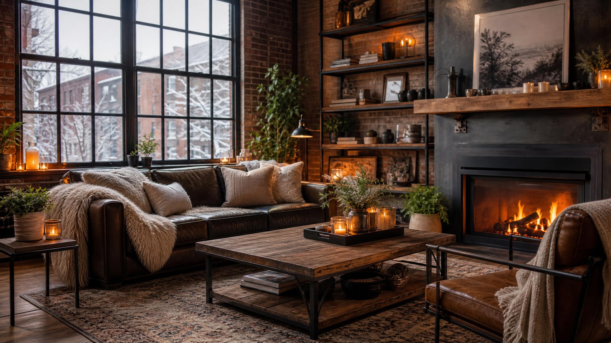 A beautifully staged industrial living room with warm winter decor.
