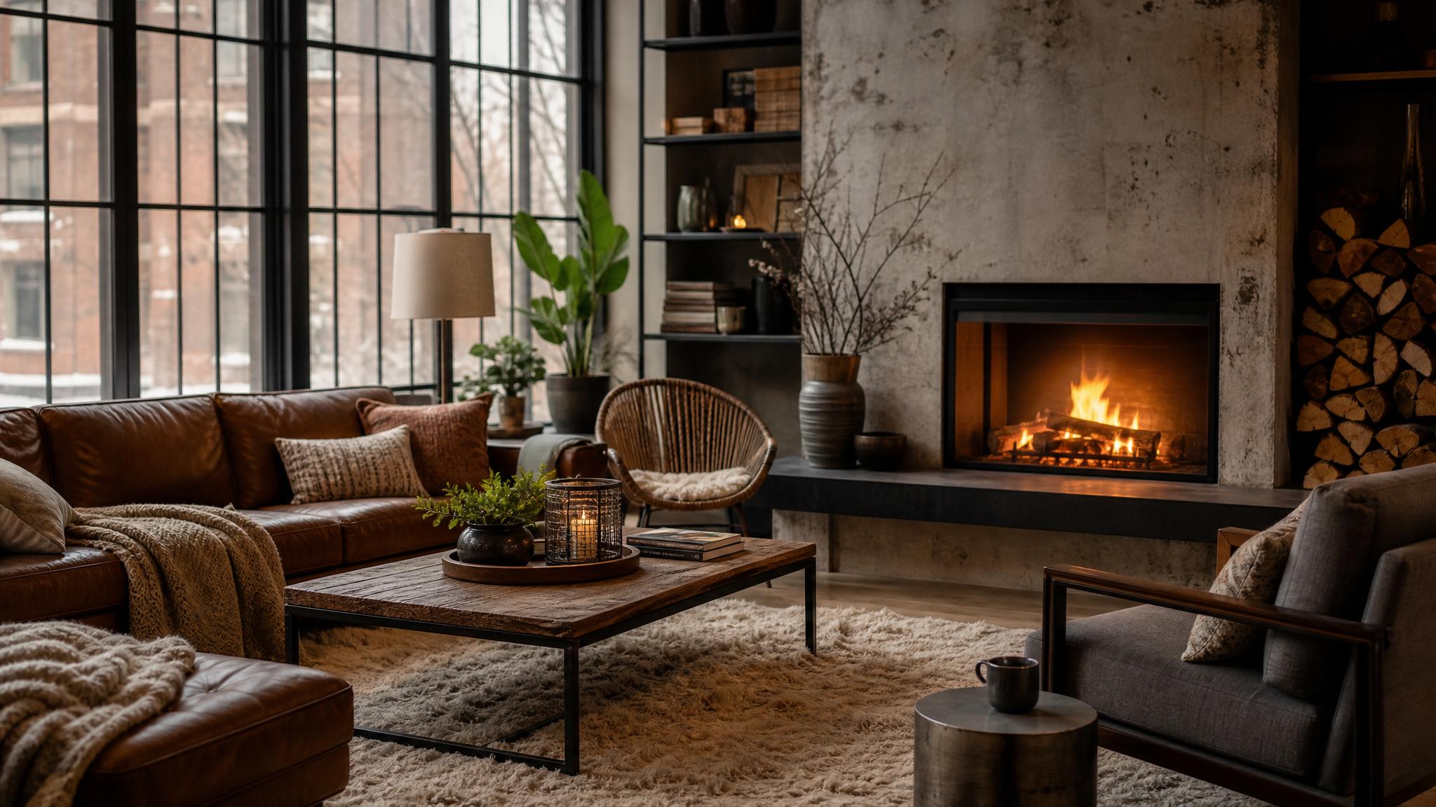 Textiles and colors that enhance the warmth of an industrial living room in winter.