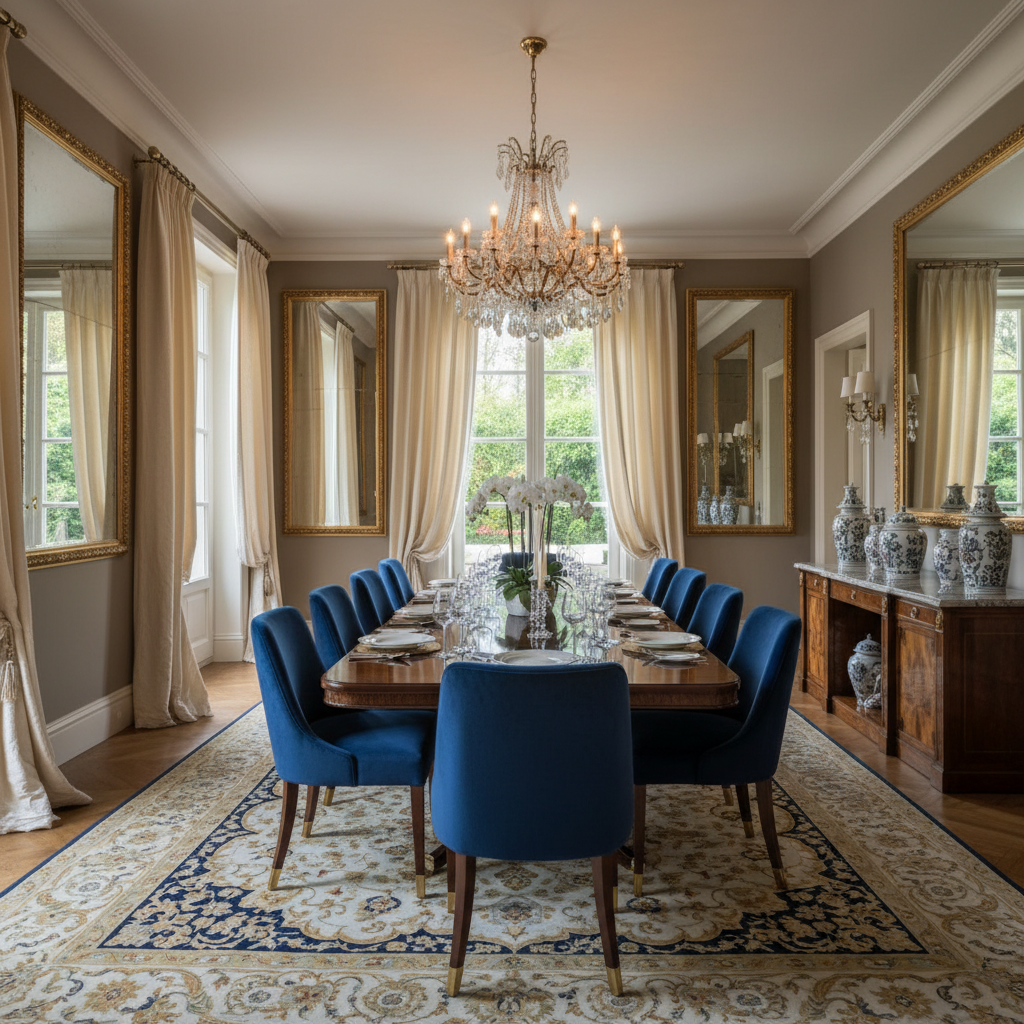 Luxurious dining room with elegant decor and a sophisticated color palette.