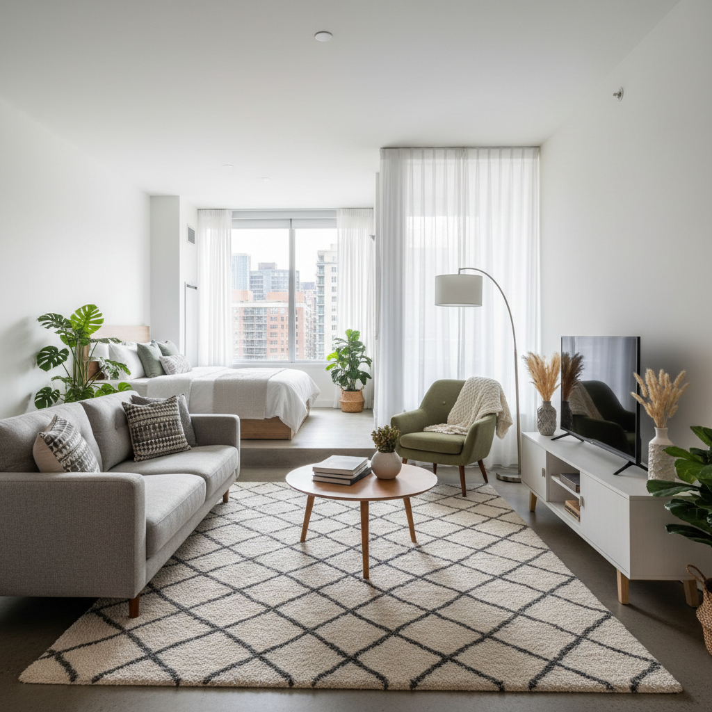 Image of a digitally staged living area in a studio apartment