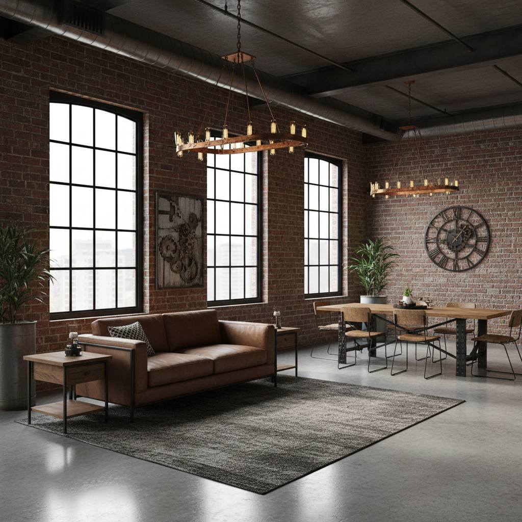 Image showcasing industrial-themed virtual staging in a row house