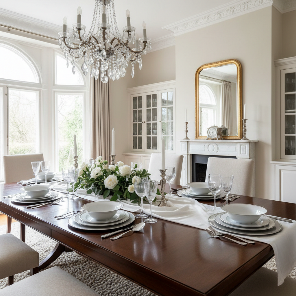 Staged dining room table with elegant settings