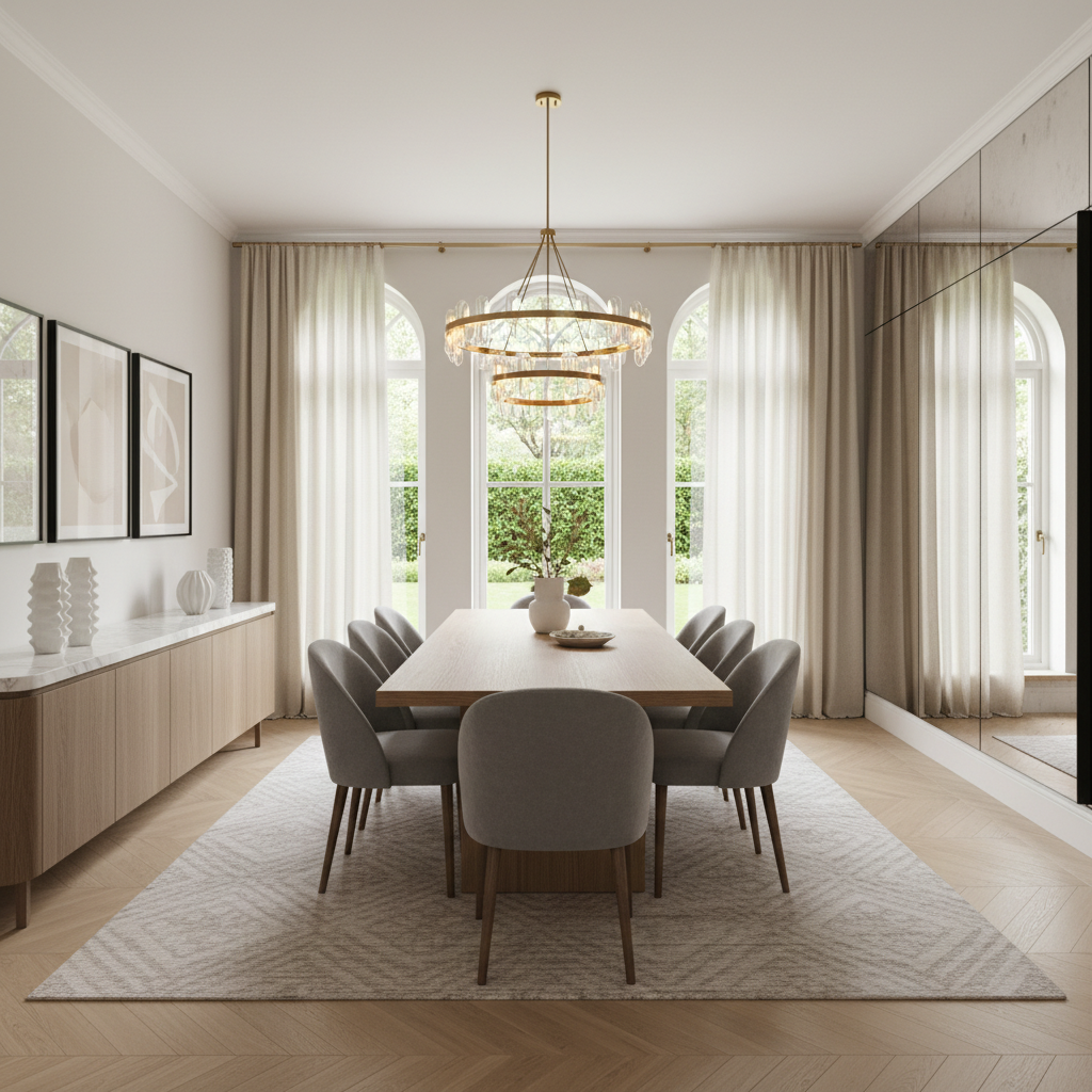 Different angles of a dining room showcasing its features