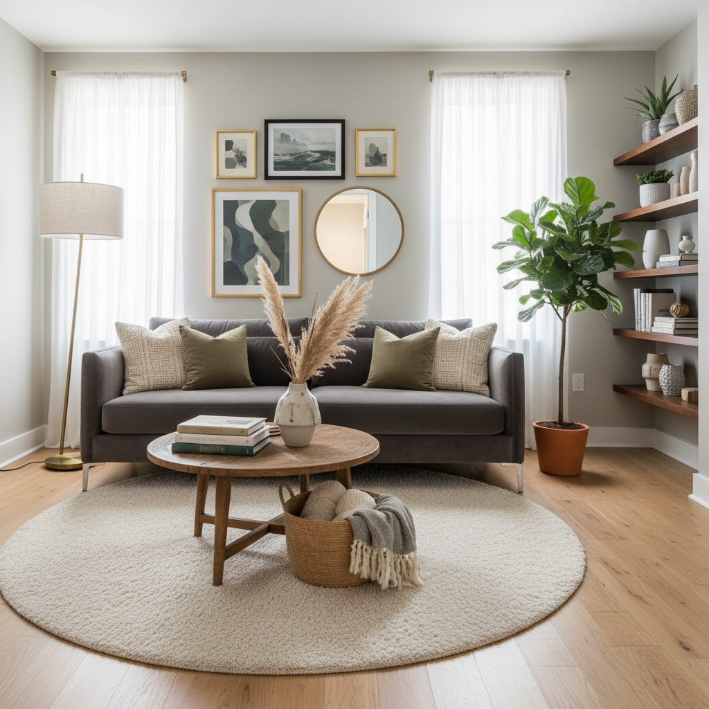 High-quality image of a small living room showing well-styled decor
