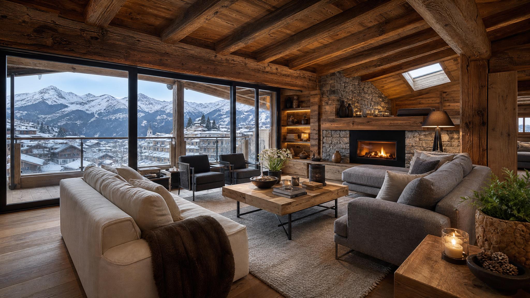 Rustic living room in a penthouse, showcasing wooden beams and contemporary views.