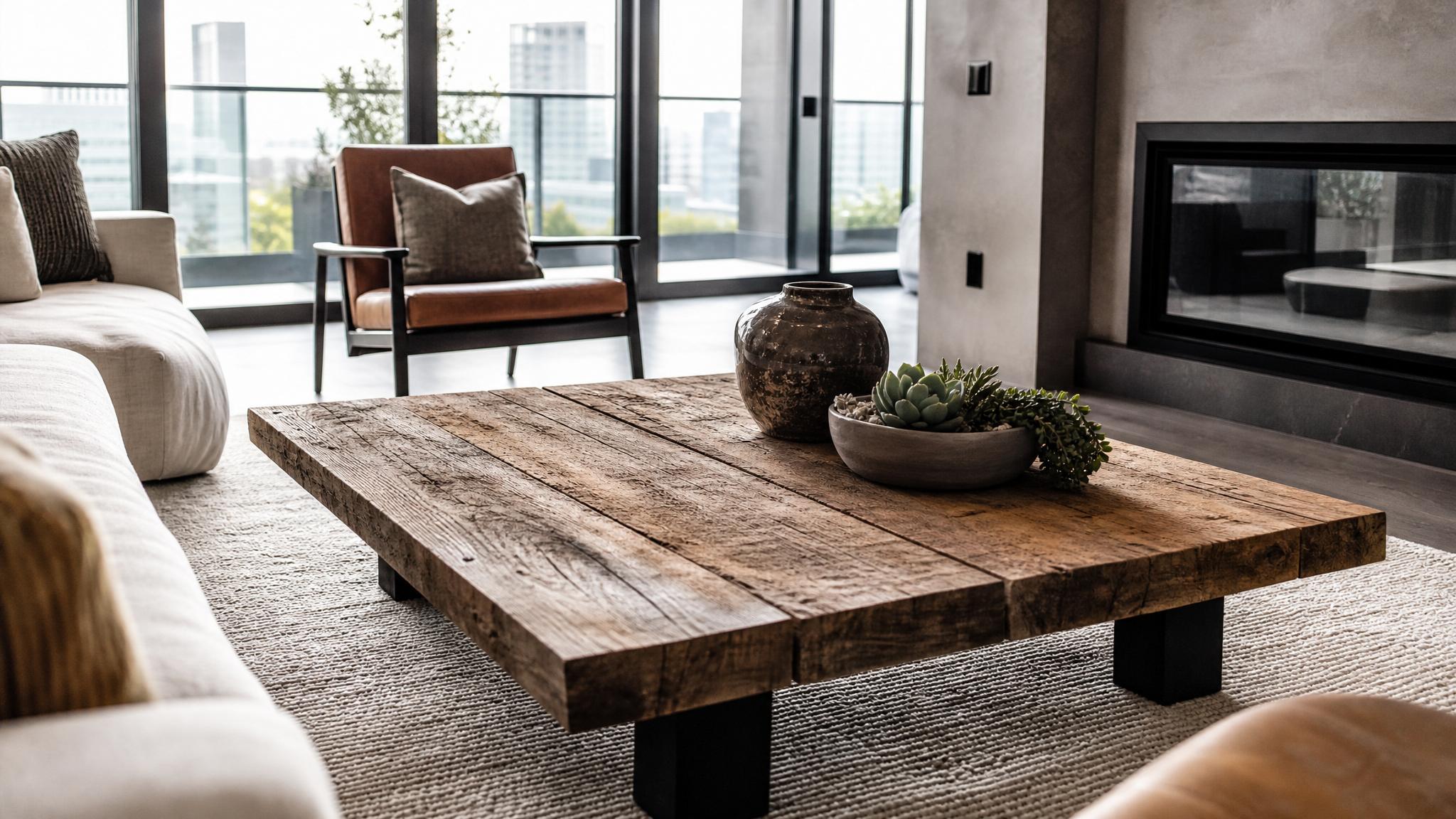 Rustic coffee table with reclaimed wood in a modern penthouse.