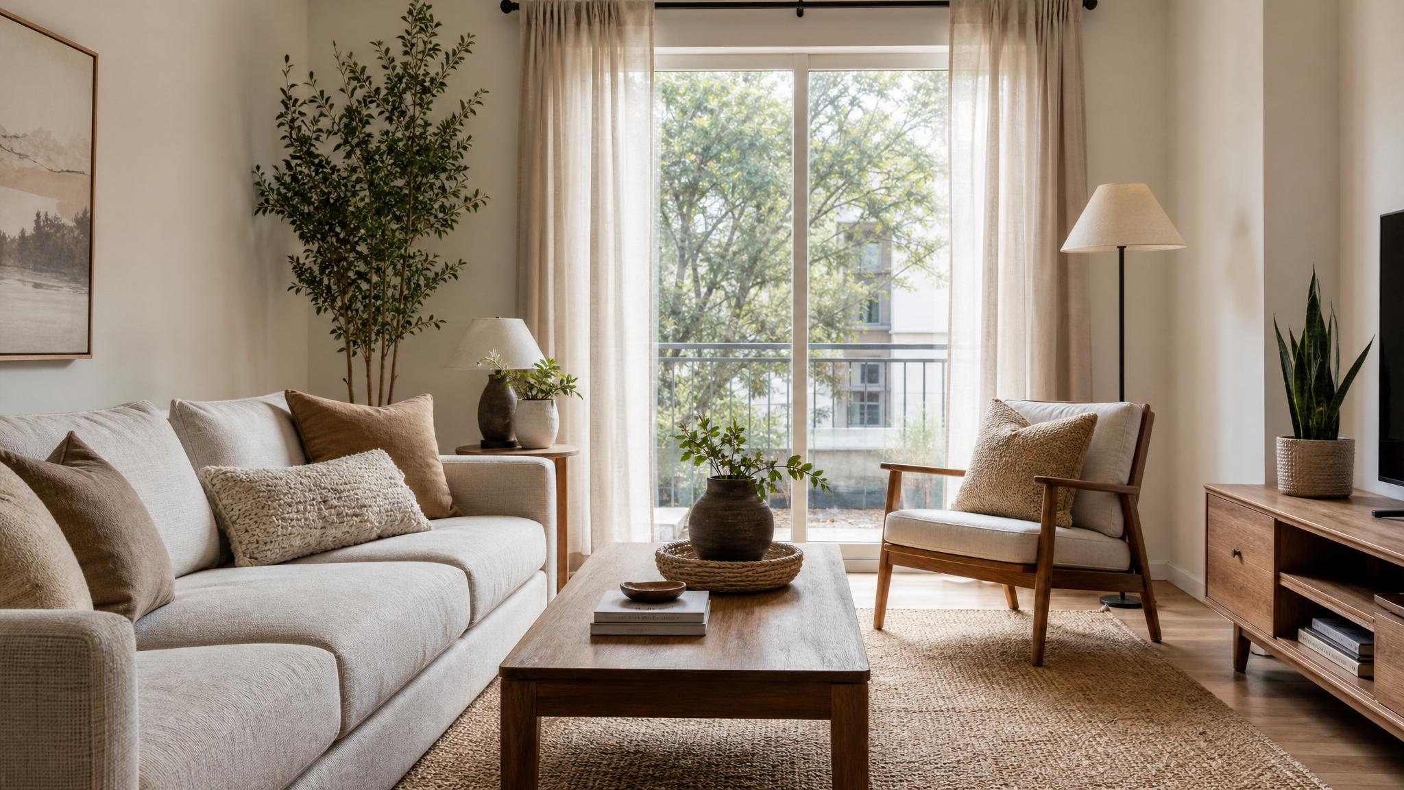 Image of a small living room designed with warm minimalism featuring neutral colors and cozy textiles.