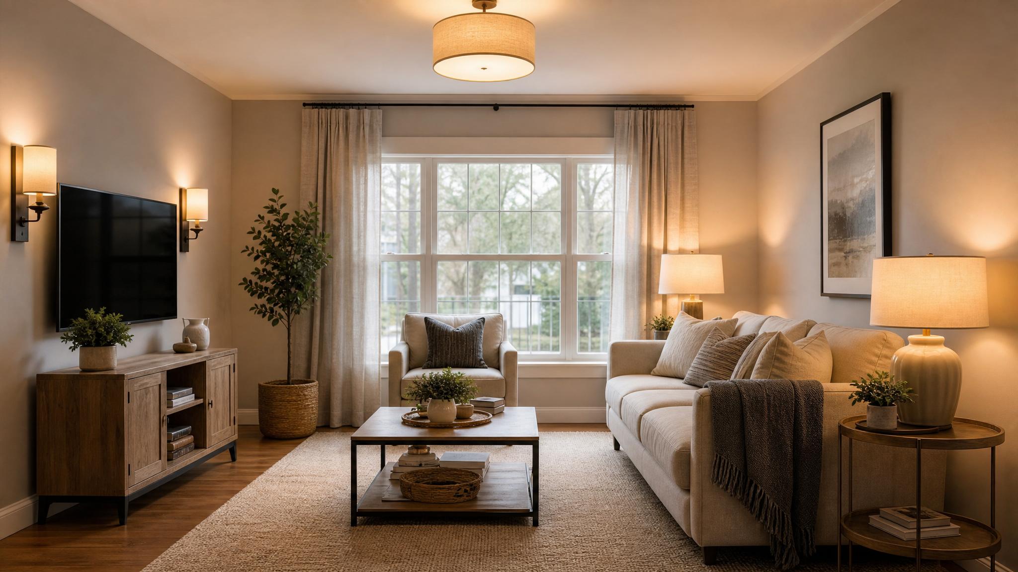 Image showcasing layered lighting options in a small living room.