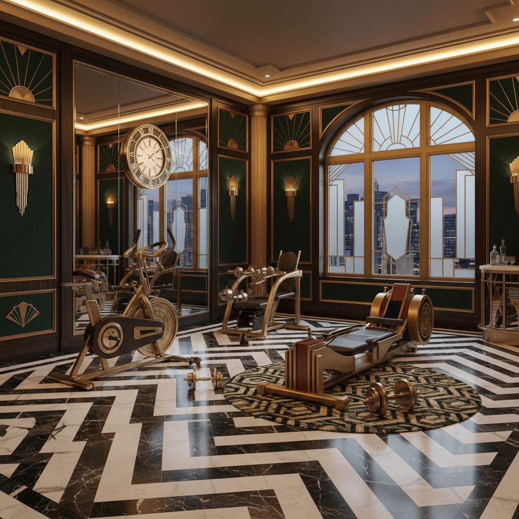 Image of an art deco home gym showcasing geometric patterns and luxury materials.