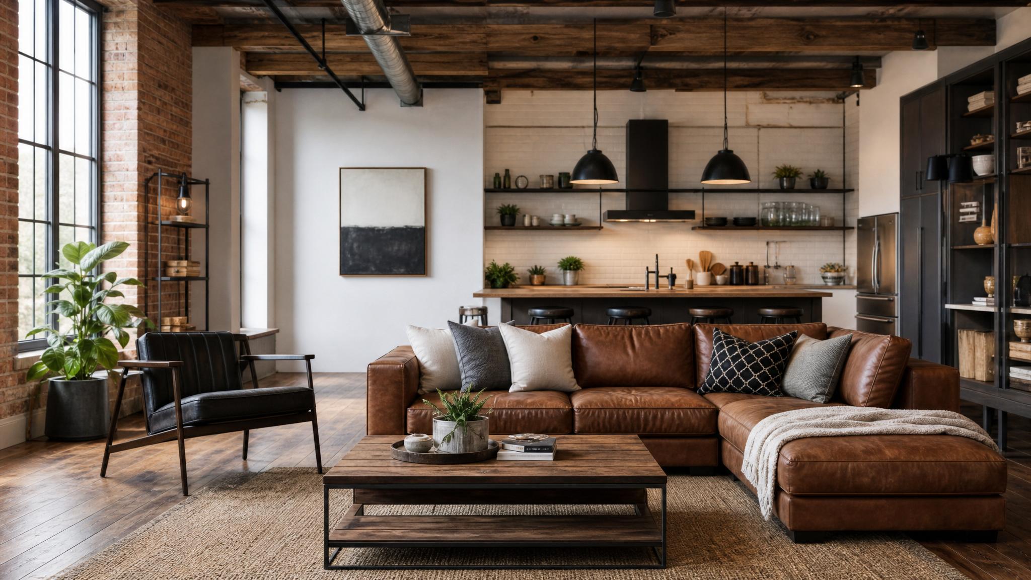 An industrial-styled living room with rustic wood, metal accents, and minimalist decor.