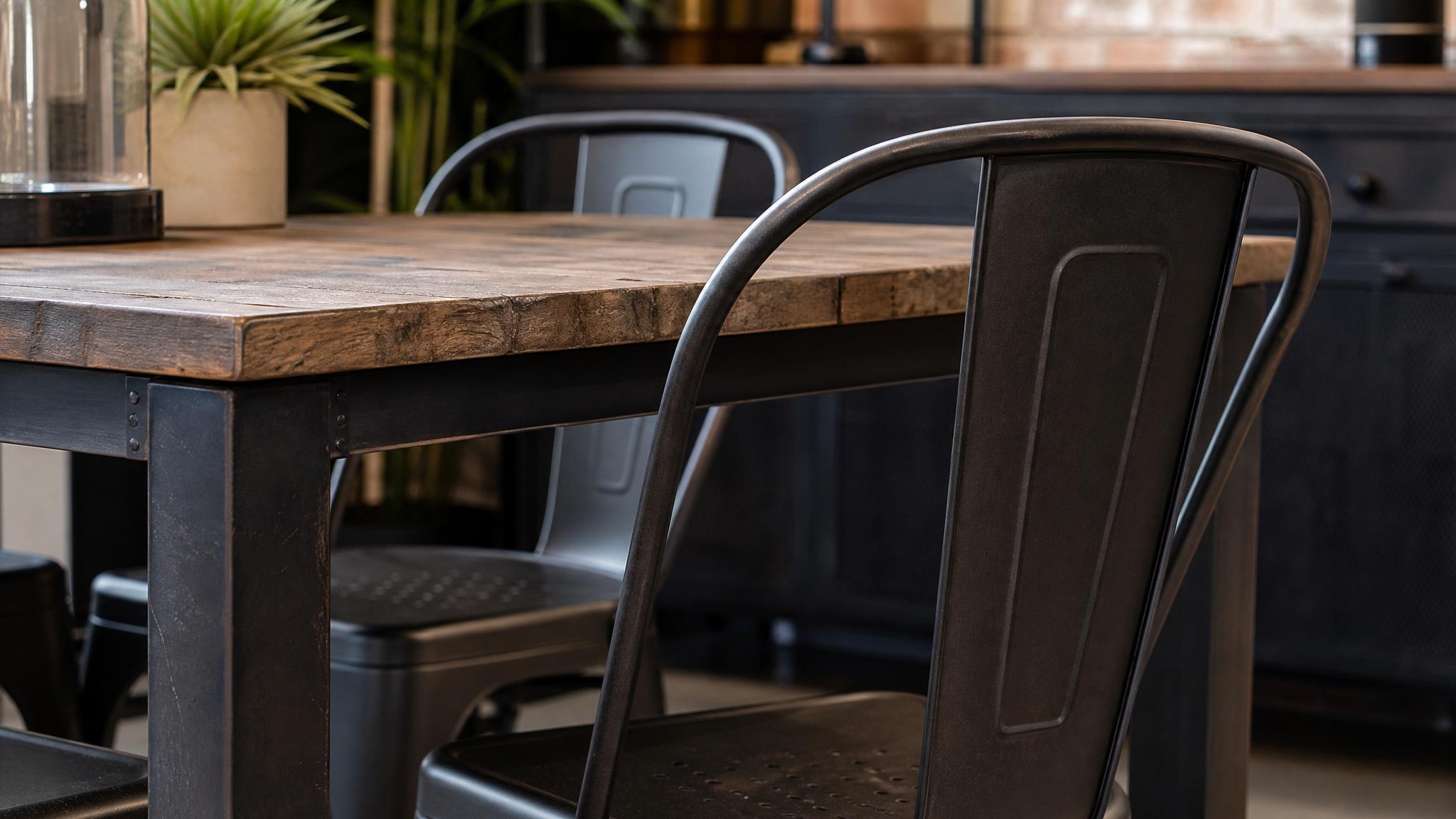 A close-up of industrial furniture elements like metal chairs and wooden tables.
