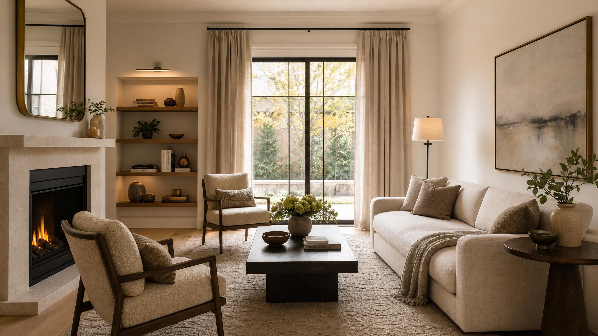 Image of an elegantly staged small living room showcasing quiet luxury style.