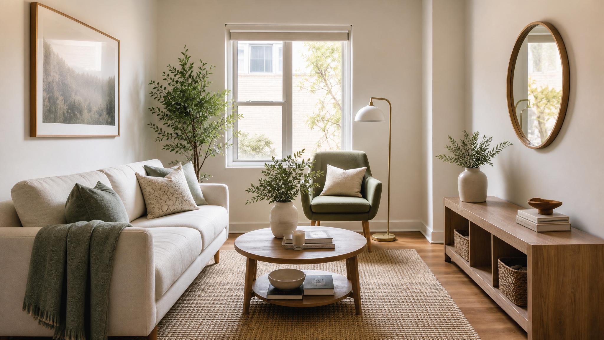 Image showcasing a color palette ideal for staging a small living room.