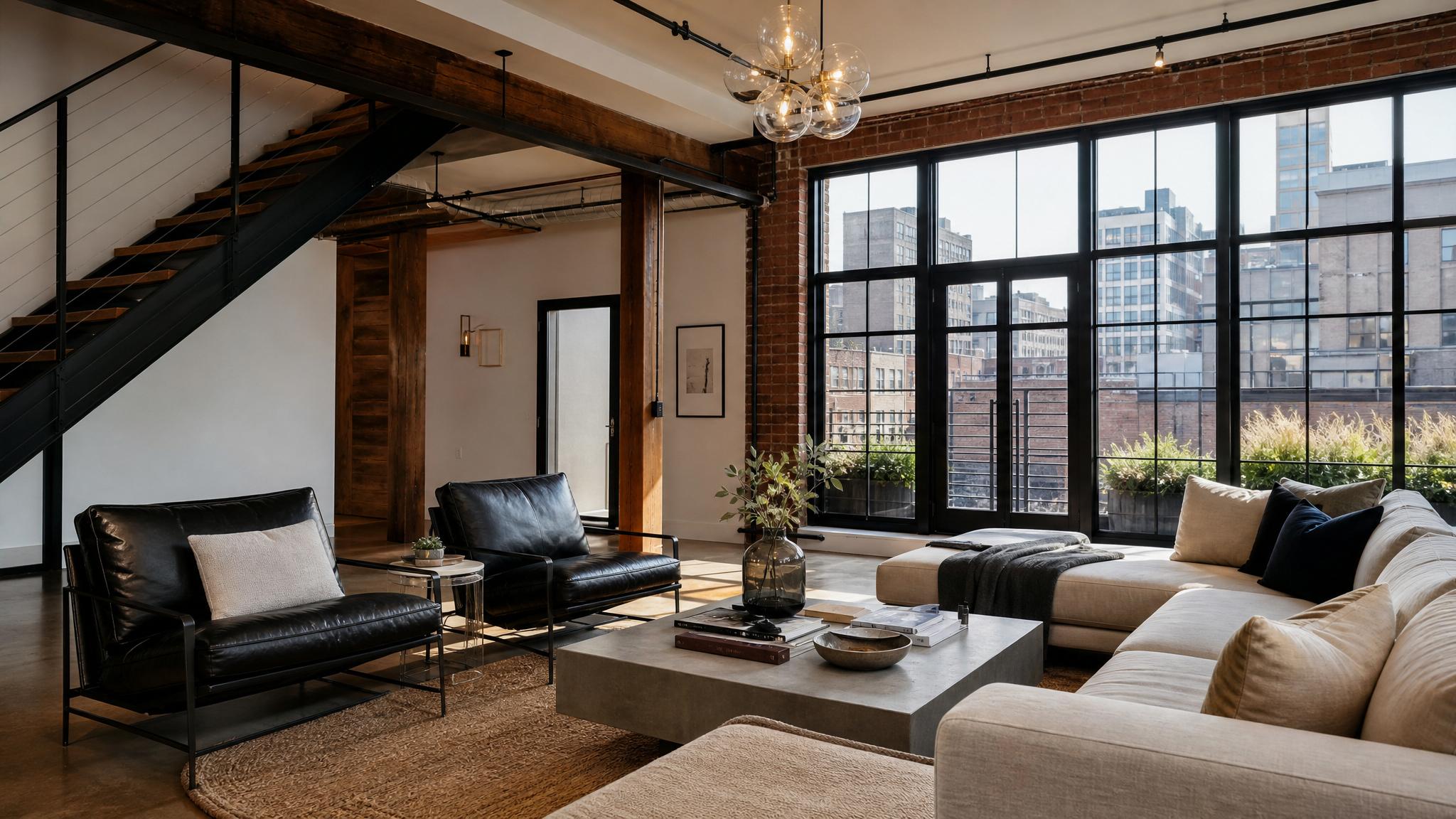 Urban loft living room with industrial features and a contemporary design.